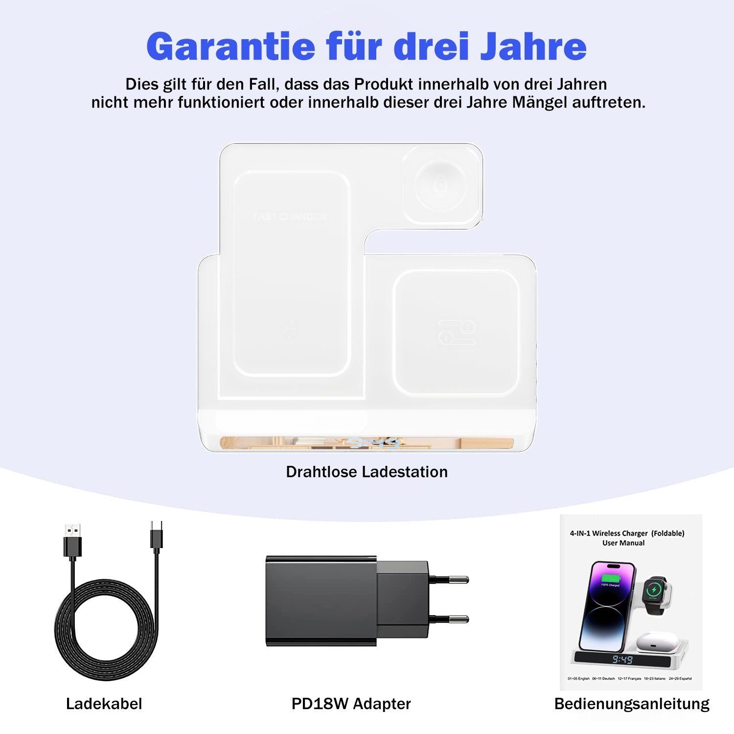 Yaviel Handy-Dockingstation Induktive Ladestation 4 in 1 Kabellose Ladegerät Wireless Charger, (für Apple iWatch iPhone Airpods Handy Charging Station, mit USB Kabel für iPhone 14 13 12Pro Mini Pro Max)