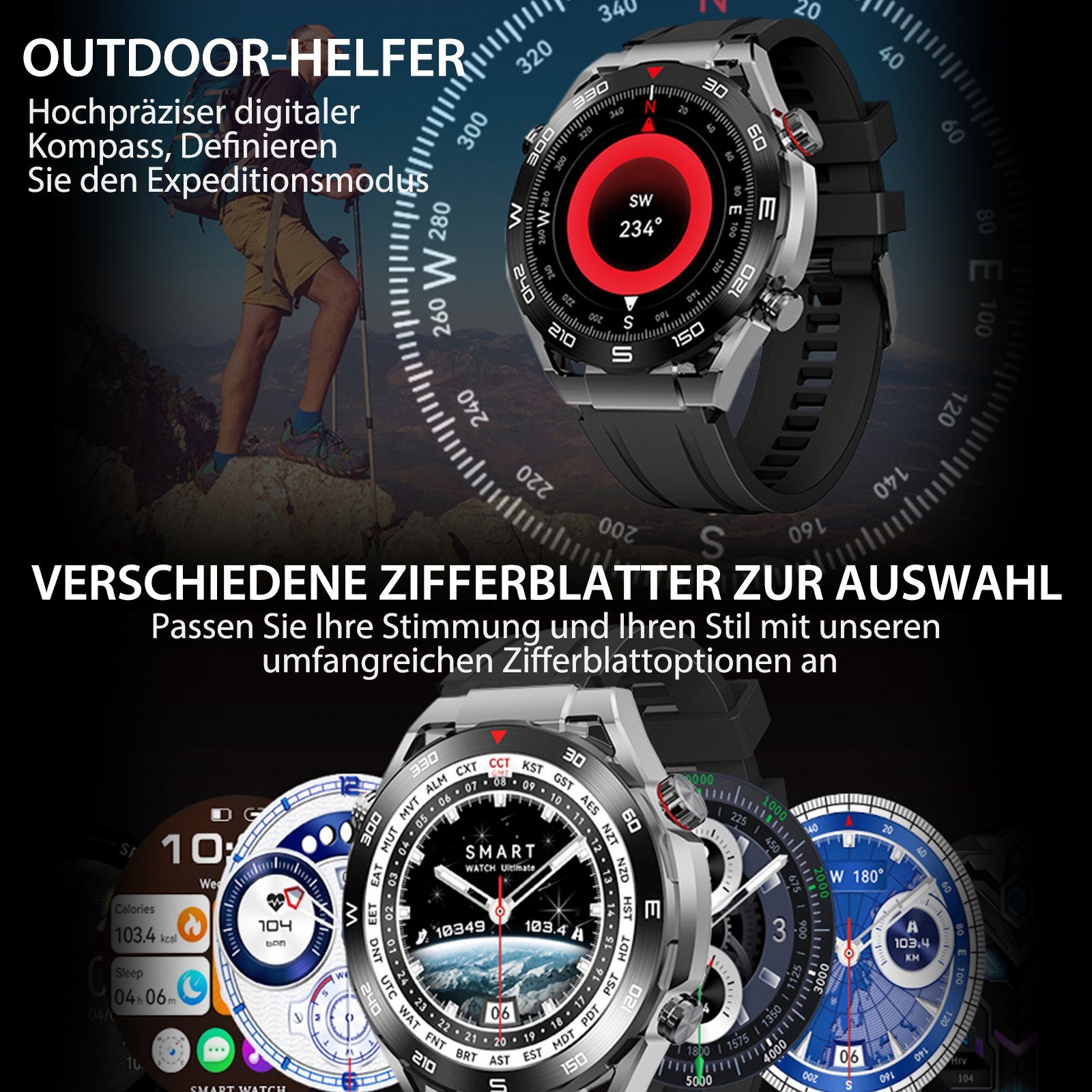Yuede Smartwatch, Fitness Tracker uhr mit Anruffunktion für Damen und Herren Smartwatch (Rundes 1,52-Zoll-UHD-Full-Touch-Farbdisplay Zoll) Gesundheits-Smartwatches mit Blutsauerstoff, Blutdruckmessung, Herzfrequenz, Schlafqualität, Schrittzähler, Mus