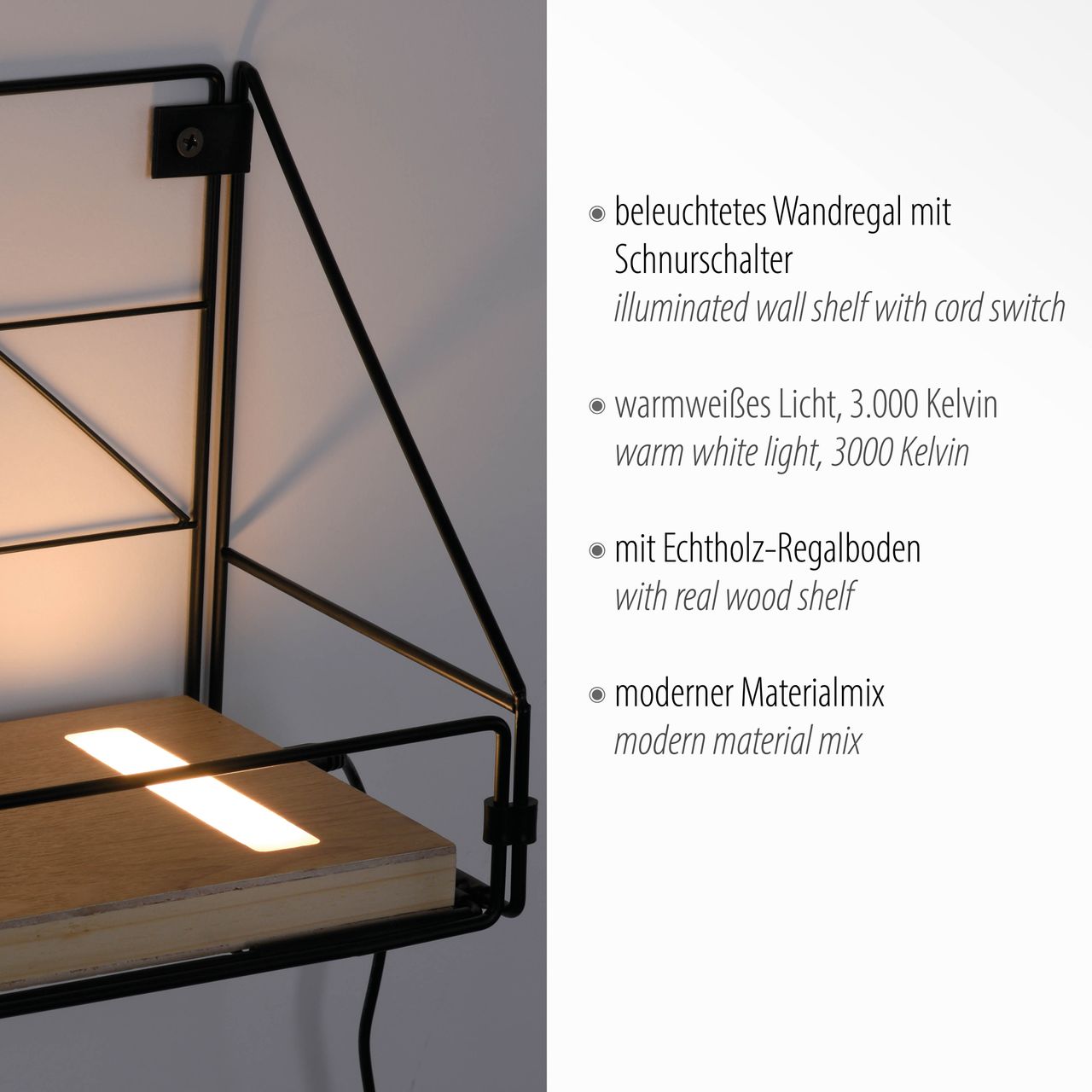 JUST LIGHT LeuchtenDirekt LED Wandleuchte BOARD, mit Ablageboden aus Echtholz, 3000 K, Schnurschalter