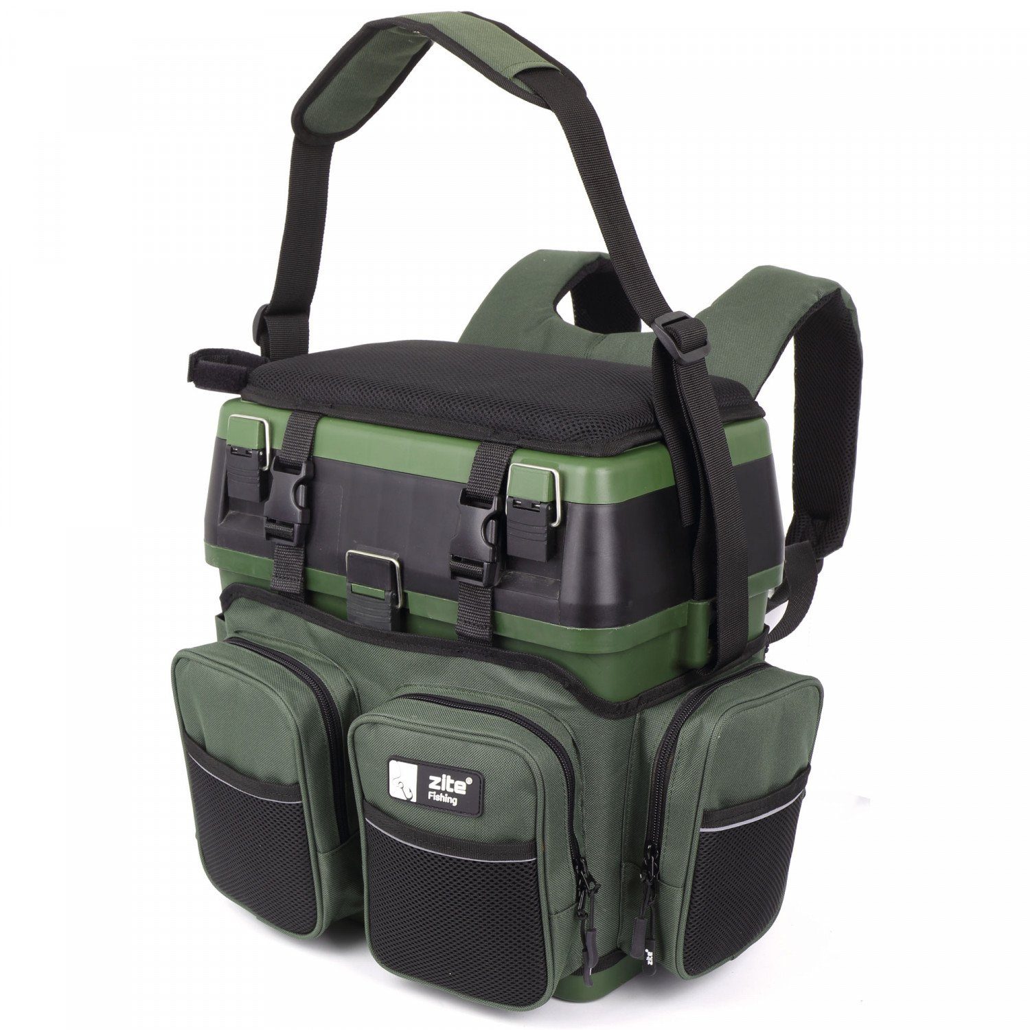 Zite Angelrucksack und Multi-Sitzkiepe in 1 - Inklusive 4 Tackleboxen im Deckel