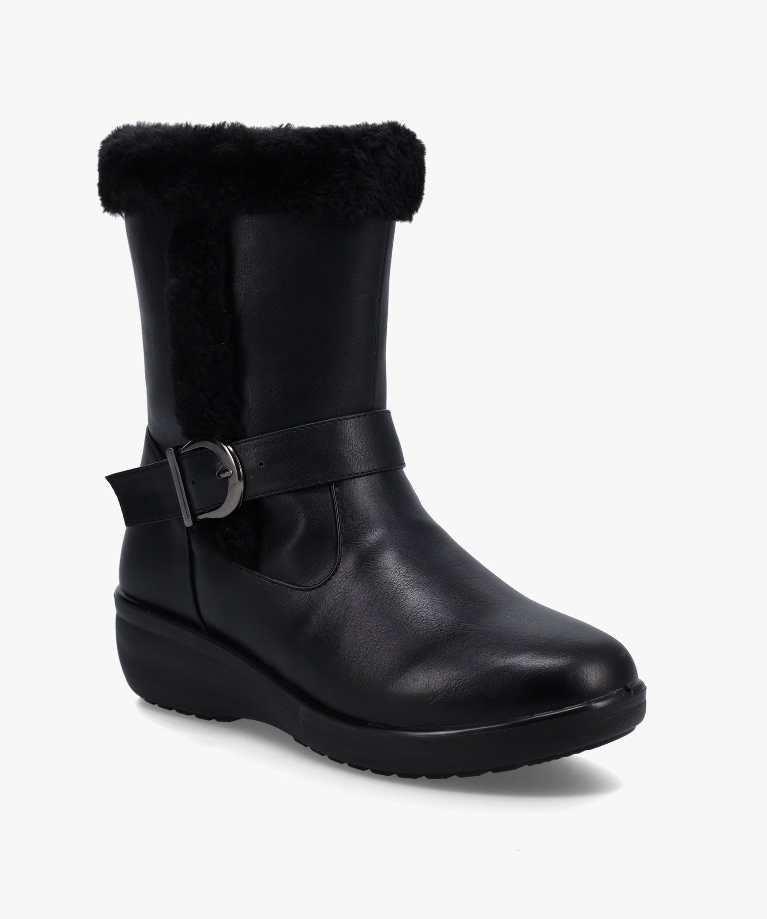 Boots fourrées femme confort unies à talon compensé noir | GEMO