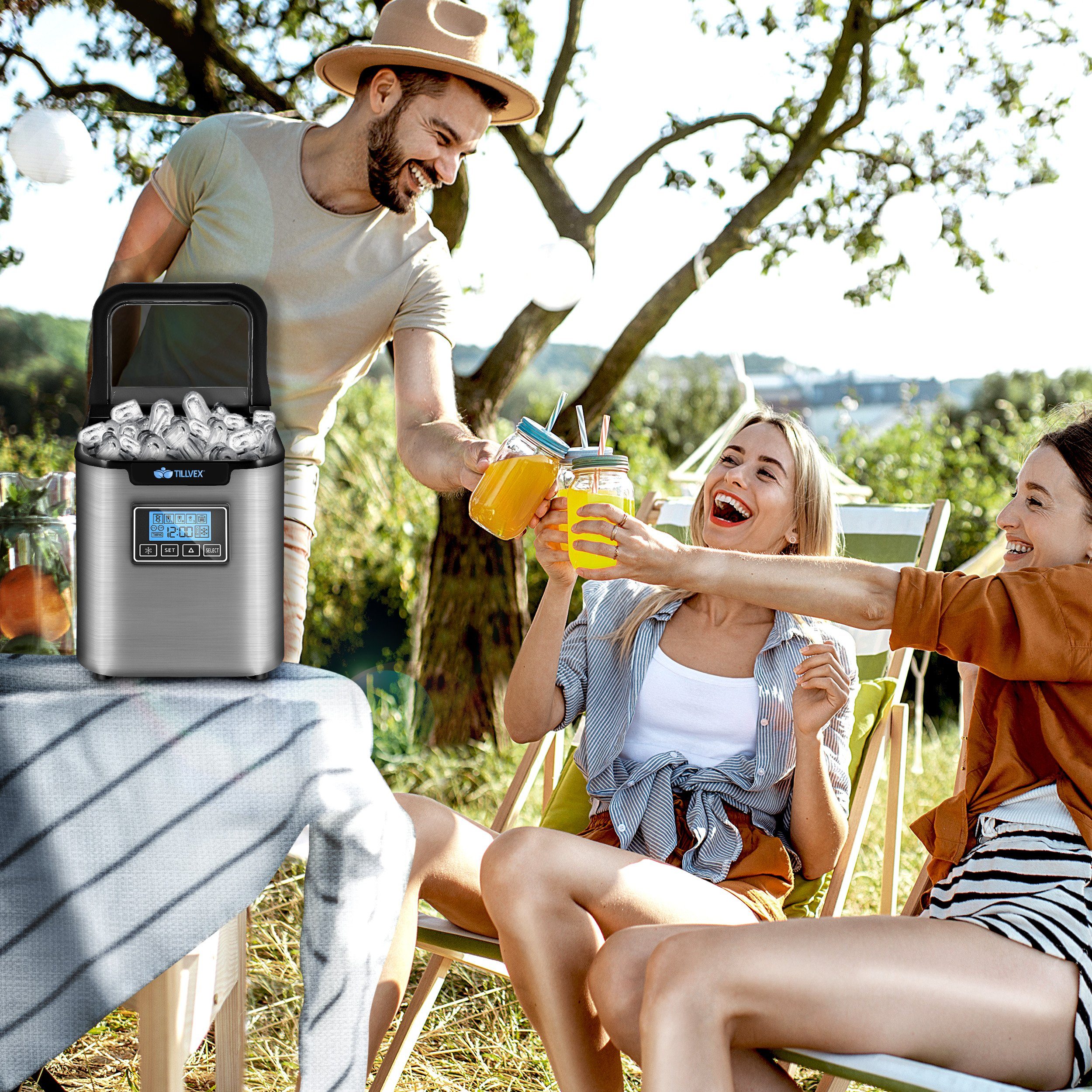 tillvex Eiswürfelmaschine Edelstahl 12 kg - 24h, Eiswürfelbereiter mit Timer, 2,2 Liter Wassertank, Ice-Maker LCD-Display