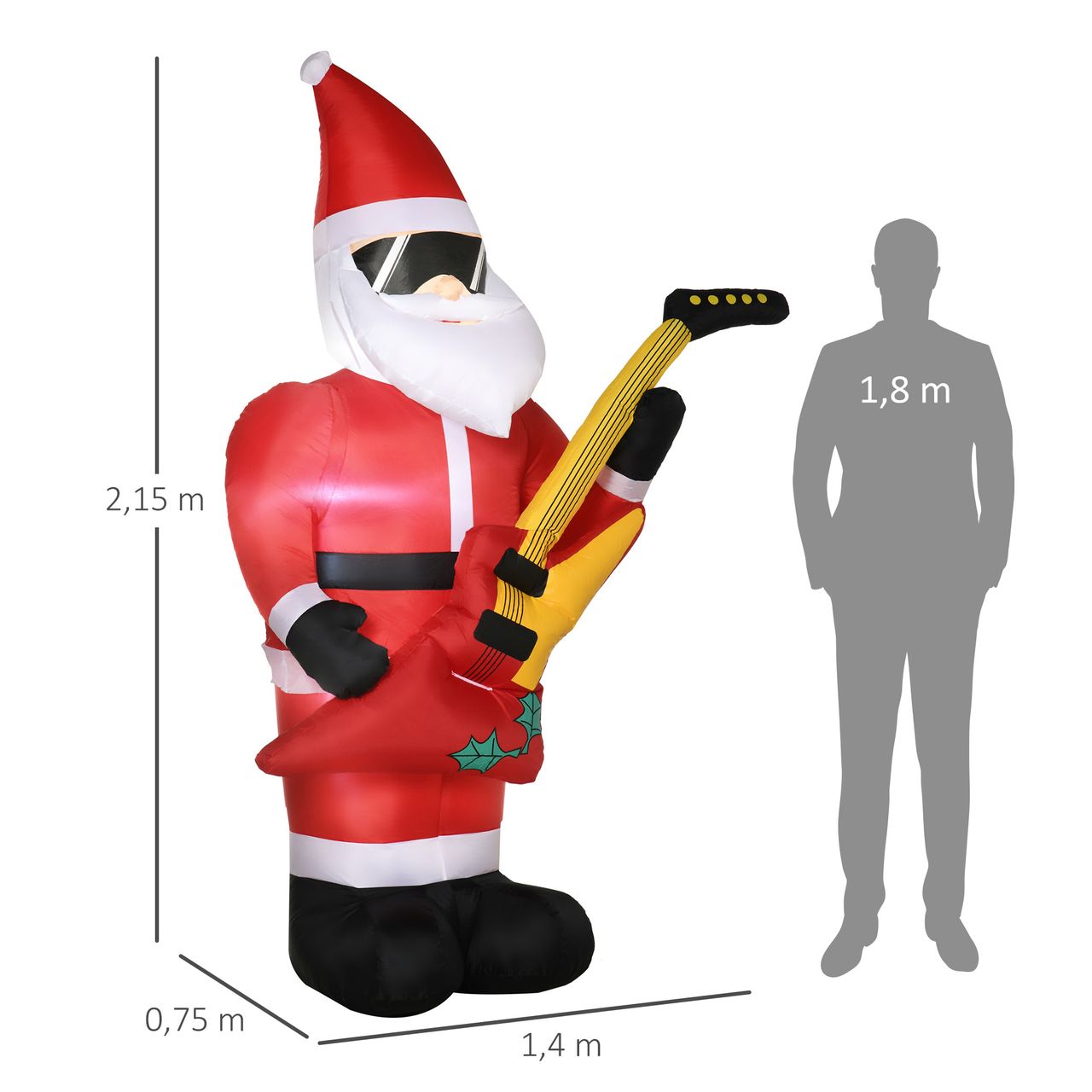 Outsunny 215 cm Aufblasbarer Weihnachtsmann mit E-Gitarre mit LED Wasserdicht