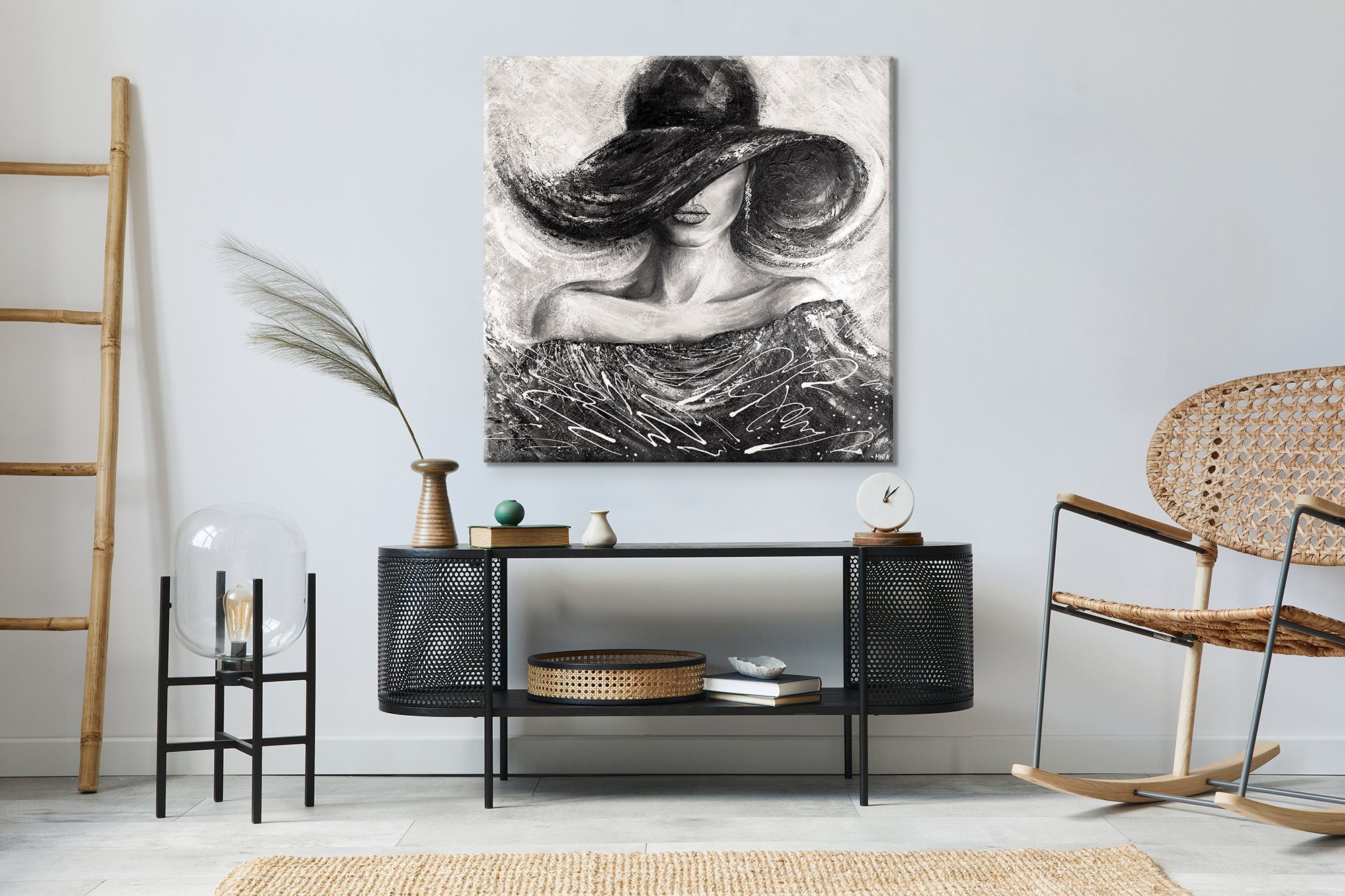 YS-Art Gemälde Charme, Menschen, Leinwand Bild Handgemalt Quadratisch Frau mit Hut schwarz