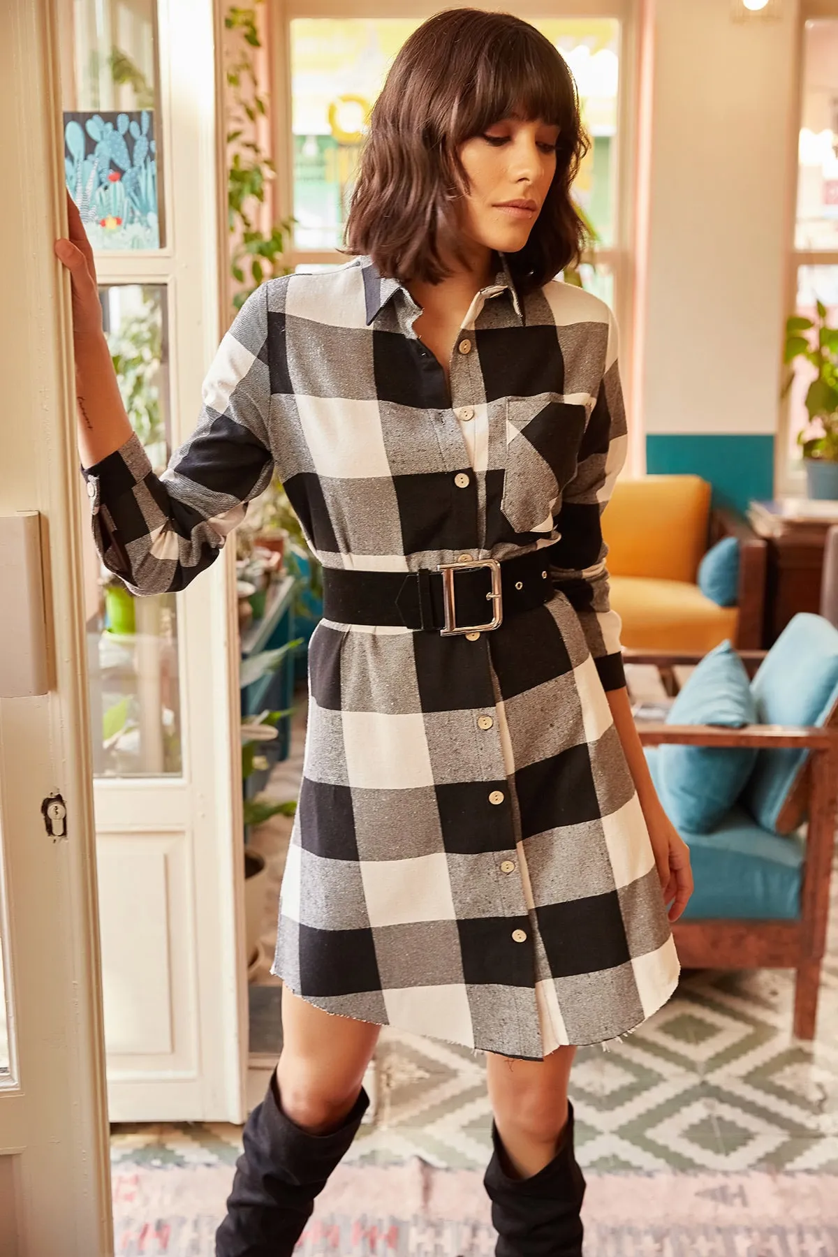 Olalook  Schwarzes Lumberjack-Tunikakleid mit dickem Karomuster für Damen ELB-19000836
