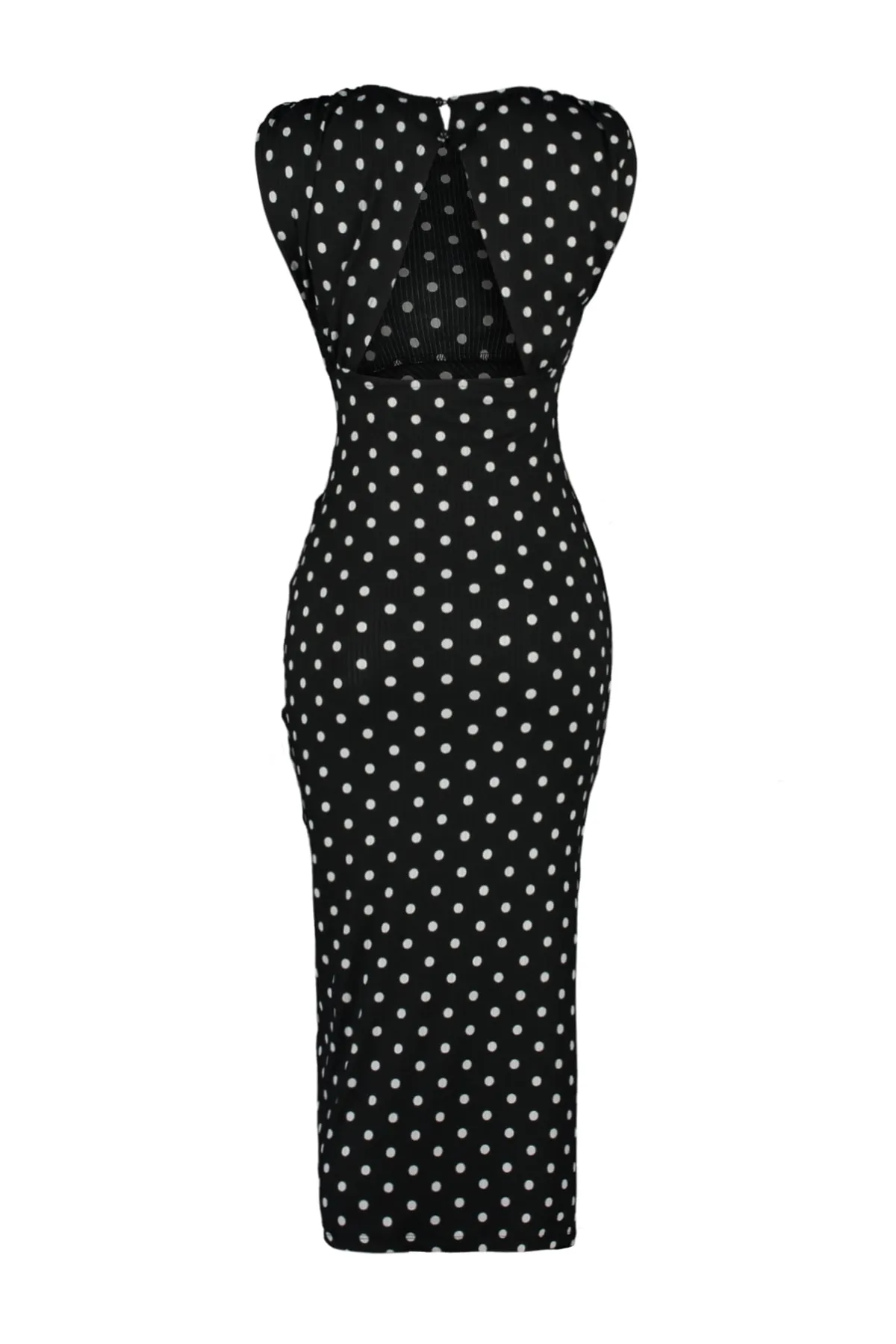 Trendyol Collection  Schwarzes, gepunktetes, tiefes Schlitzdetail am Rücken und flexiblem Strick-Bleistiftkleid TWOSS23EL02326
