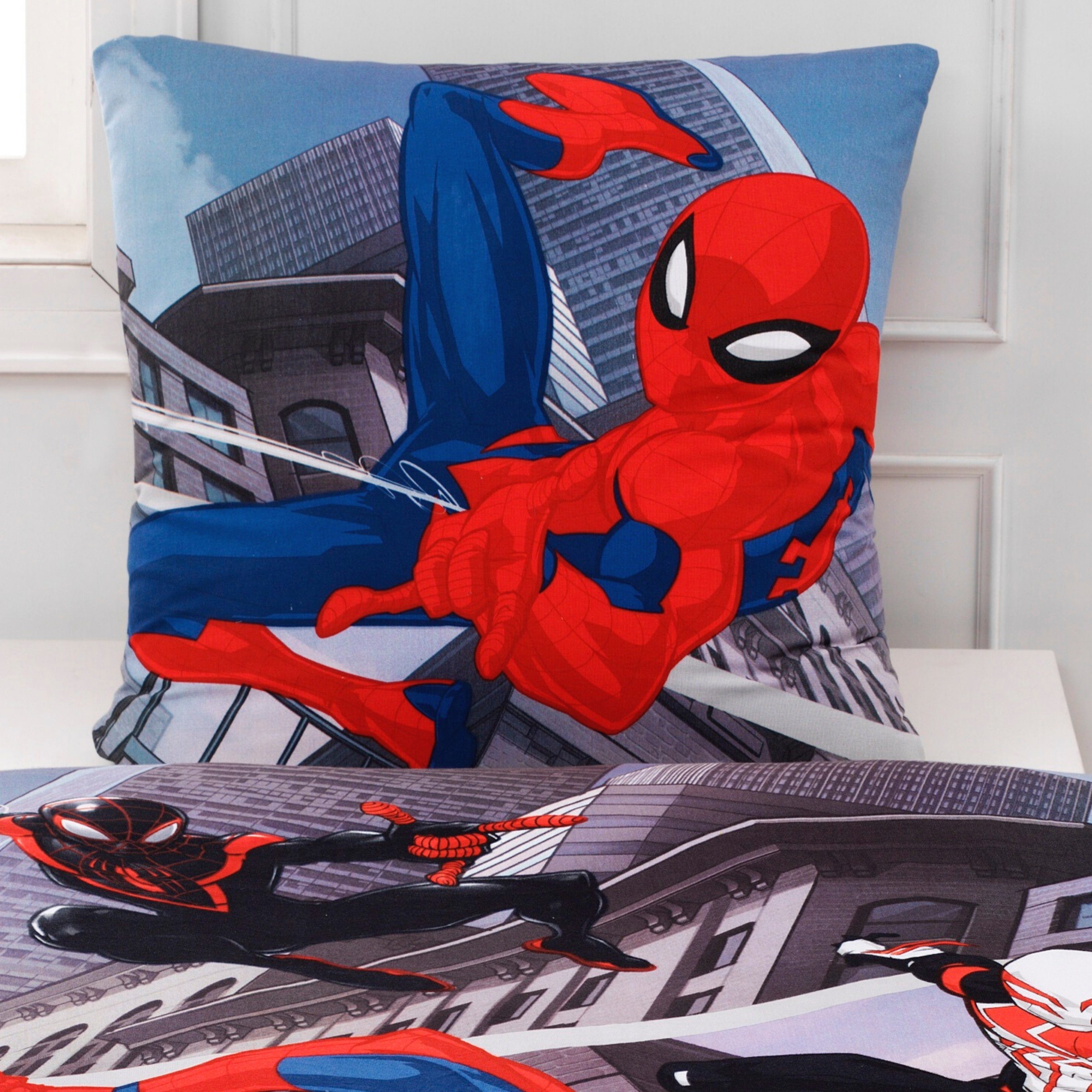Bettwäsche Spiderman Marvel 135x200 + 80x80 cm, 100 % Baumwolle, MTOnlinehandel, Renforcé, 2 teilig, Jungen Kinderbettwäsche mit Reißverschluss