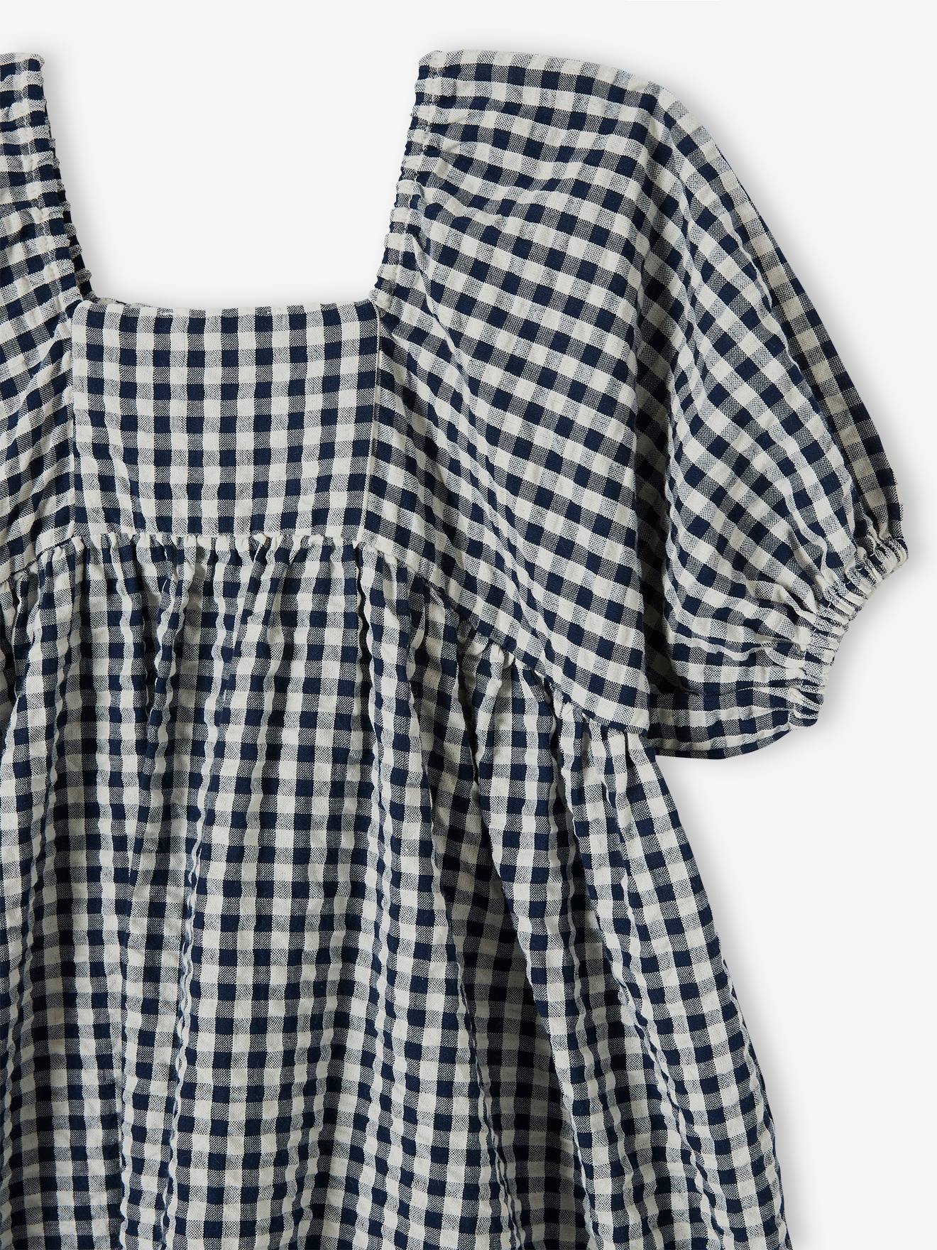 Robe à carreaux vichy fille manche boules carreaux marine