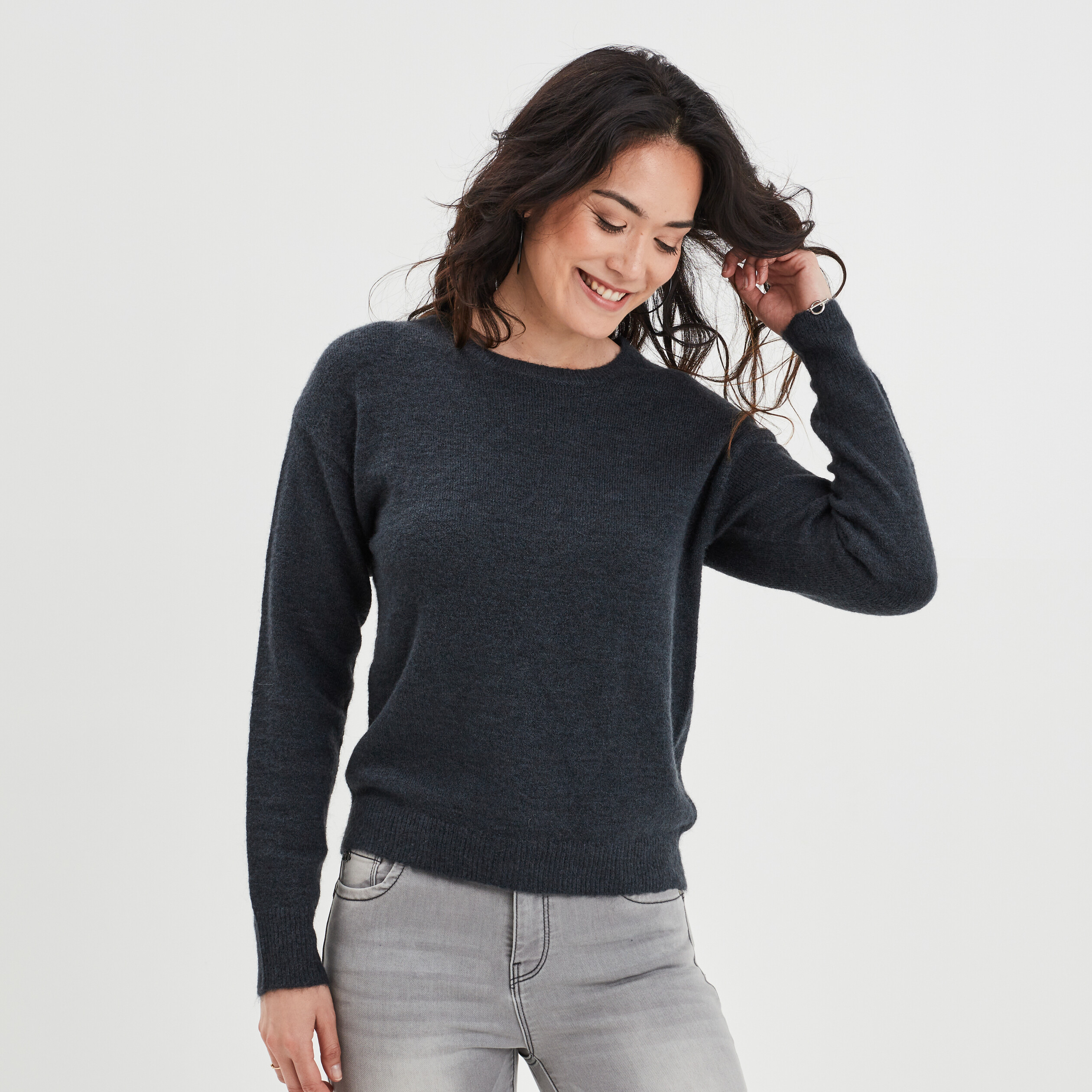 Pull col rond manches longues bleu foncé femme | La Halle