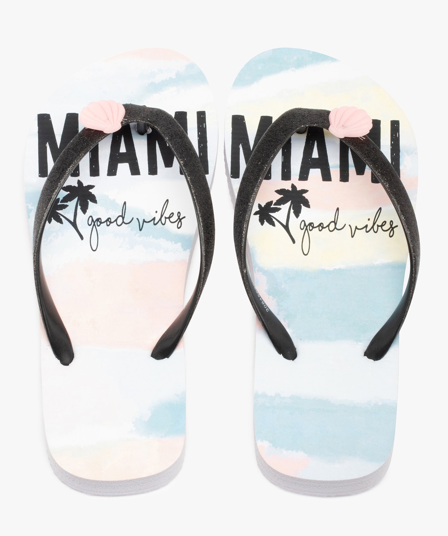 Tongs fille à semelle imprimée Miami et brides pailletées noir | GEMO