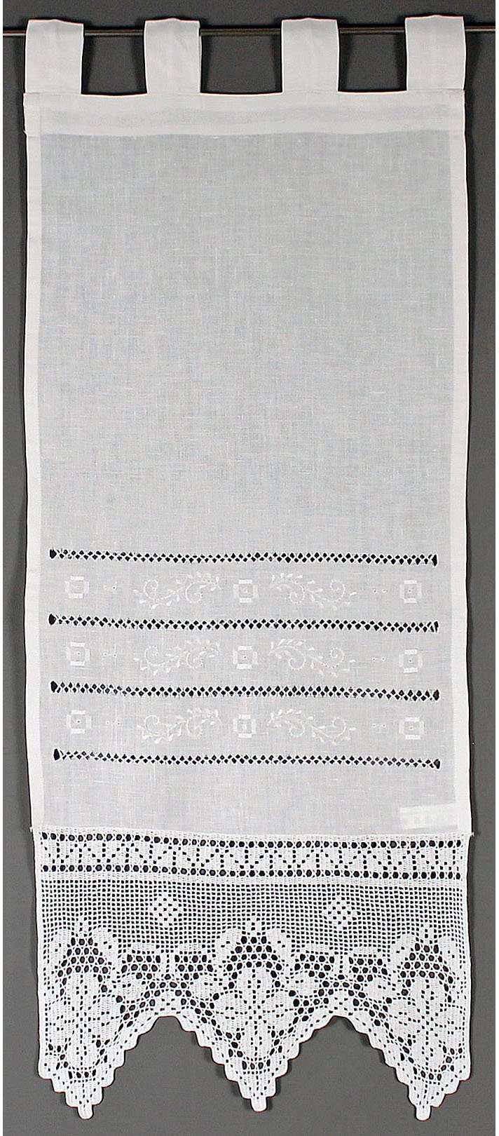 Scheibengardine Traunsee, HOSSNER - ART OF HOME DECO, Schlaufen (1 St), blickdicht, Wirkware, m. Stickerei, Hohlsaum u. Häkelspitze