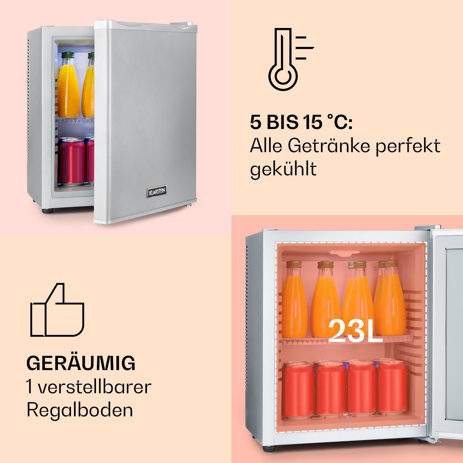 Klarstein Table Top Kühlschrank HEA-HappyHour-Slb 10035240A, 47 cm hoch, 38 cm breit, Hausbar Minikühlschrank ohne Gefrierfach Getränkekühlschrank klein
