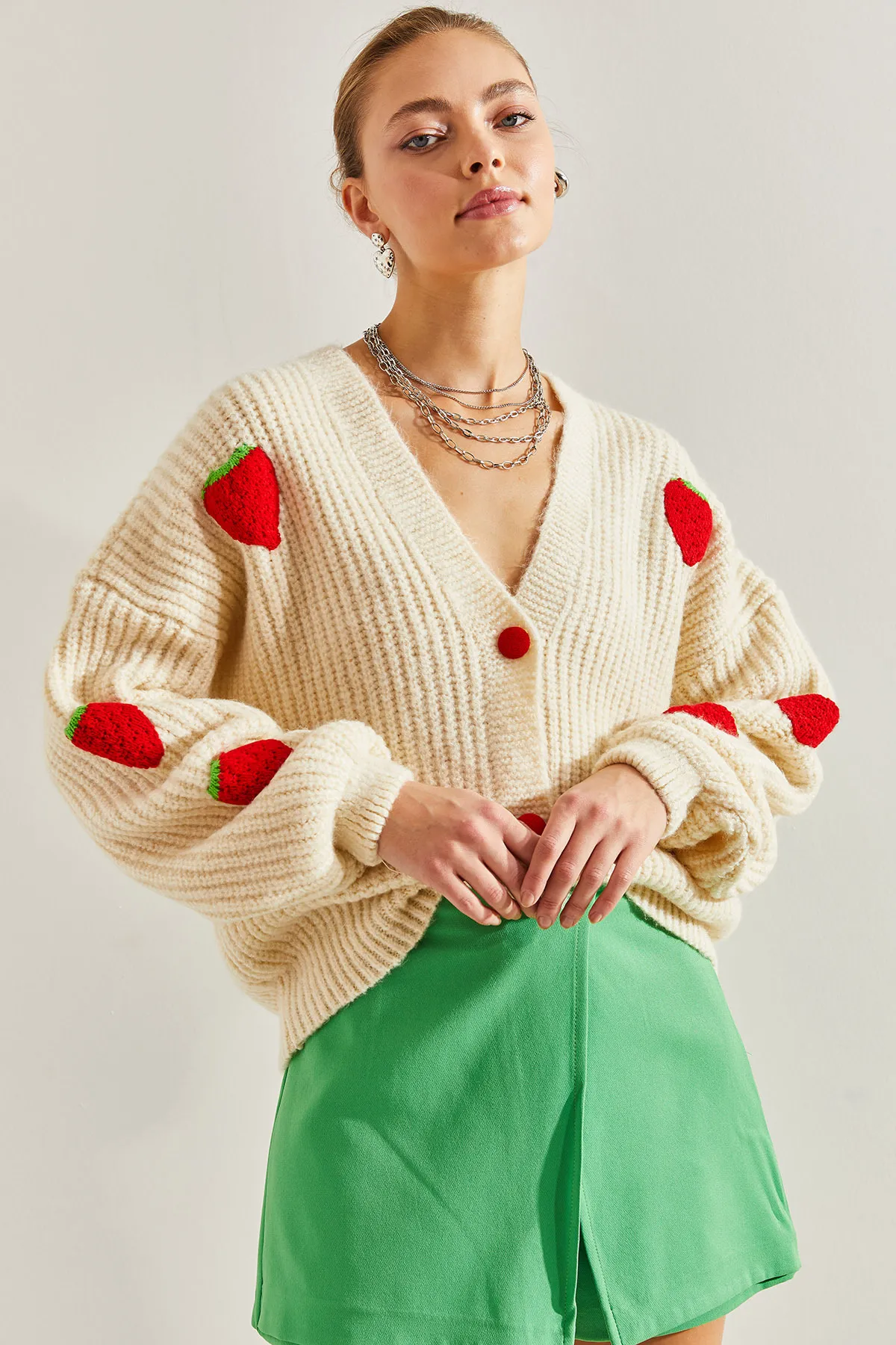 Bianco Lucci  Erdbeer-Strickjacke für Damen mit Knöpfen
