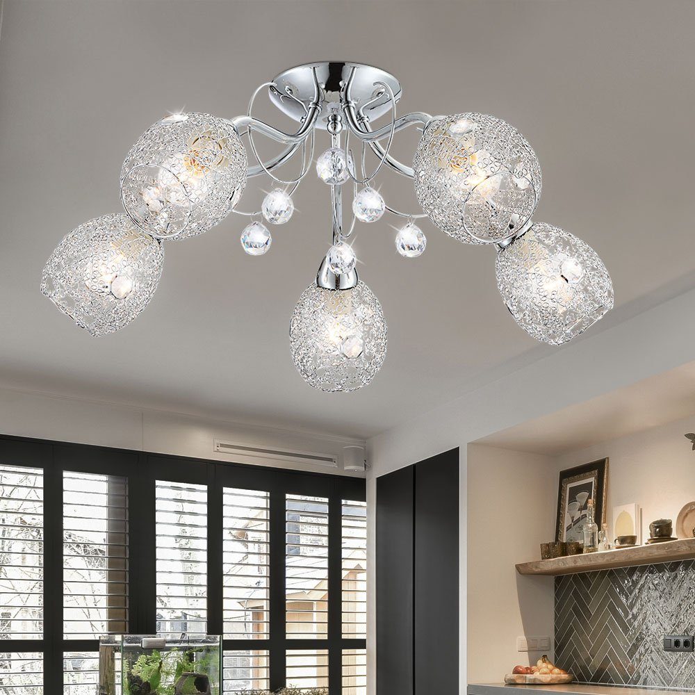 etc-shop LED Kugelleuchte, Leuchtmittel nicht inklusive, Deckenleuchte Kristall Deckenlampe Beleuchtung Chromgeflecht Licht