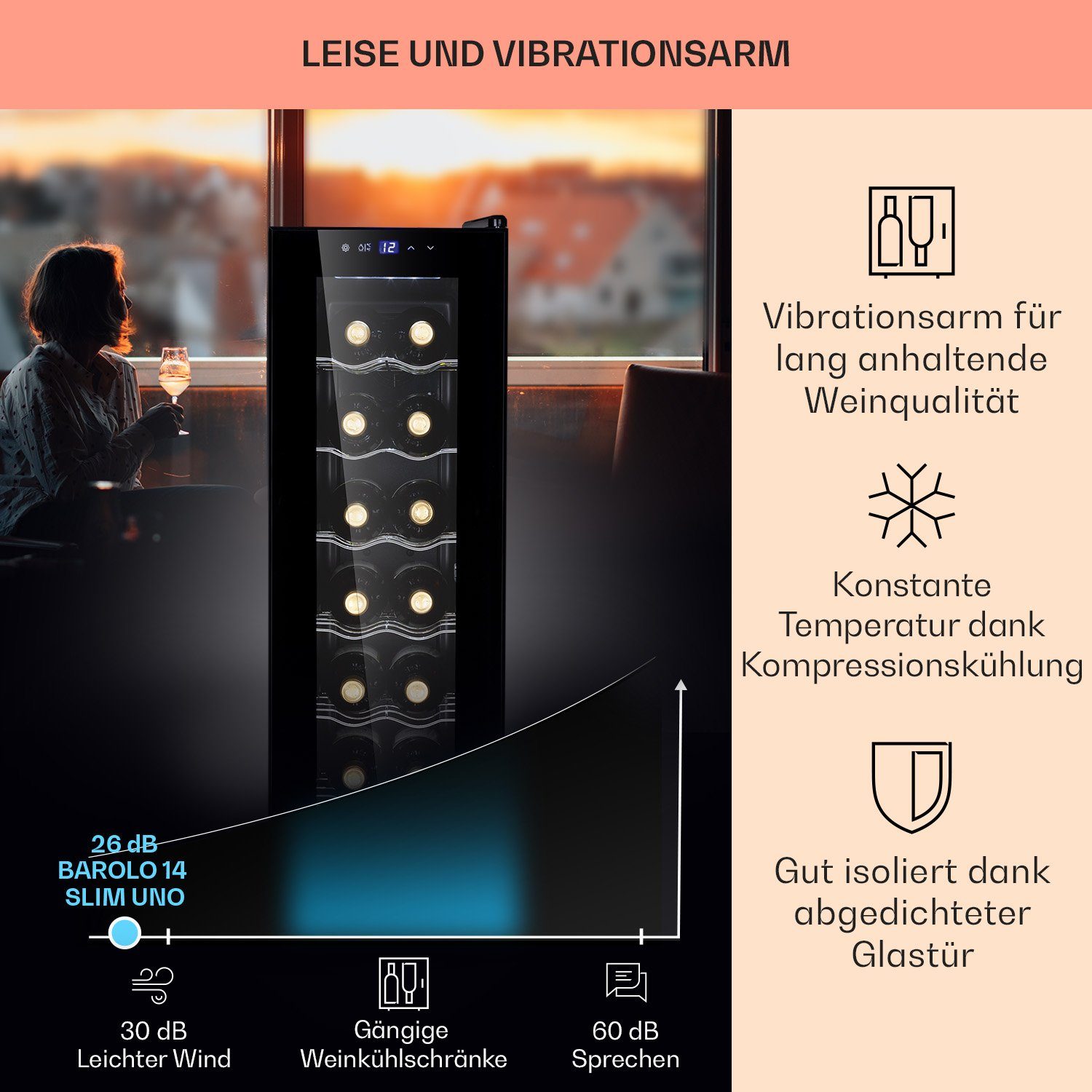 Klarstein Weinkühlschrank Barolo slim 14 Uno, für 14 Standardflaschen á 0,75l,Wein Flaschenkühlschrank Weintemperierschrank Weinschrank Kühlschrank