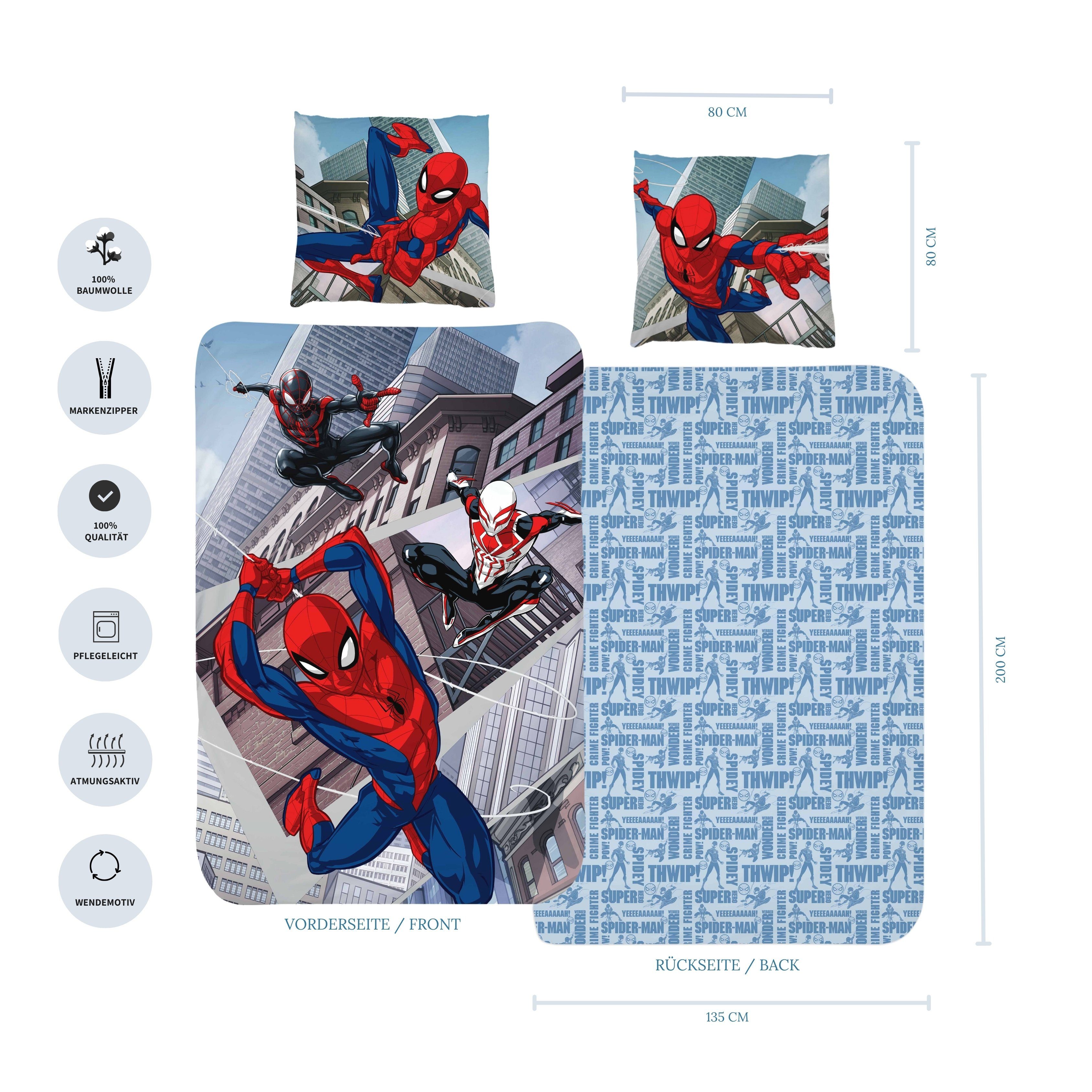 Bettwäsche Spiderman Marvel 135x200 + 80x80 cm, 100 % Baumwolle, MTOnlinehandel, Renforcé, 2 teilig, Jungen Kinderbettwäsche mit Reißverschluss
