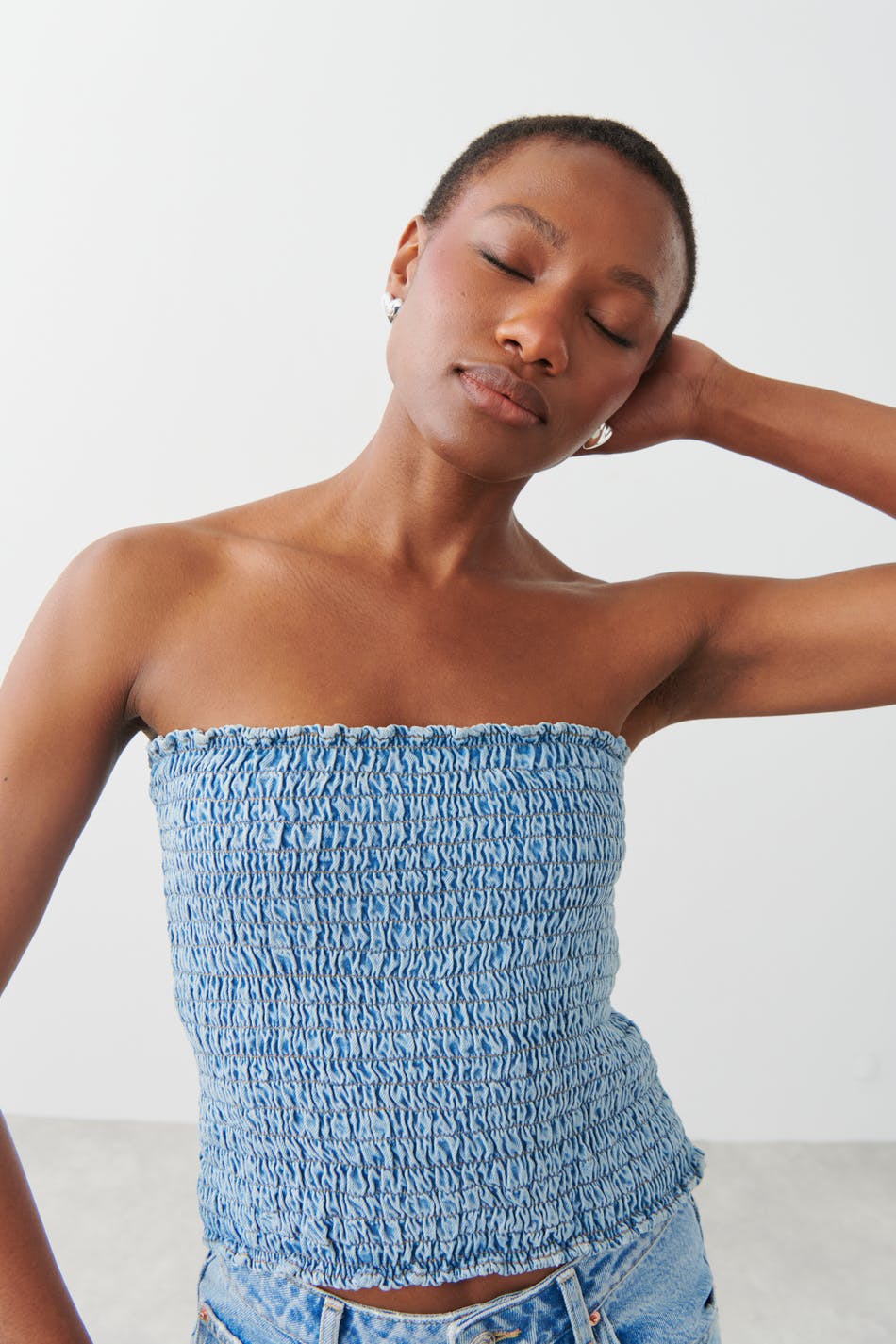 Smock denim tube top