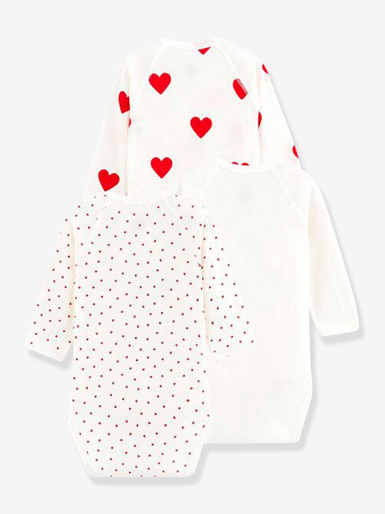 Lot de 3 bodies croisés manches longues coeurs bébé naissance en coton bio PETIT BATEAU blanc
