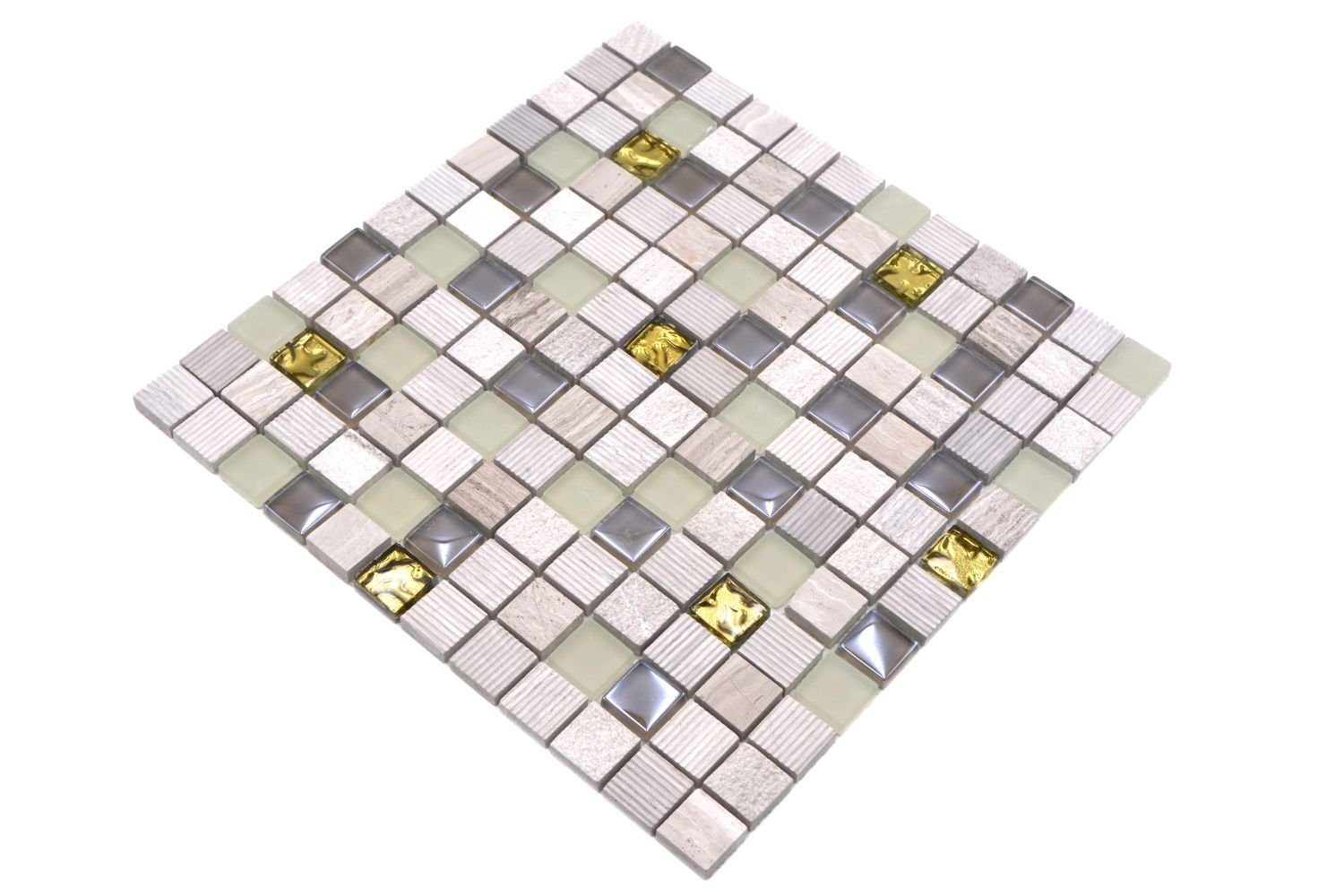 Mosani Mosaikfliesen Naturstein Rustikal Mosaikfliese Glasmosaik Marmor hellgrau gold