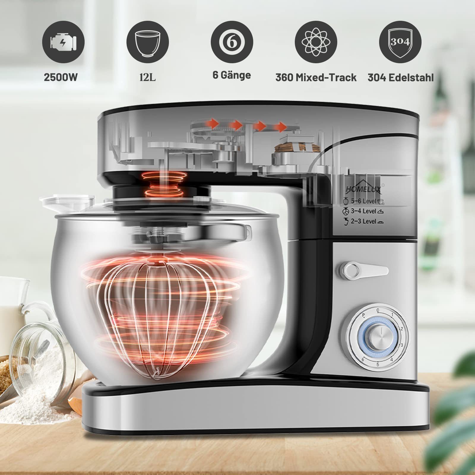 HOMELUX Küchenmaschine 12 L Küchenmaschine, Teigmaschine,6 Geschwindigkeiten, Knetmaschine, 2500,00 W, 12,00 l Schüssel, inkl 3-Teiligem Patisserie-Set und Spritzschutz, mit Edelstahlschüssel