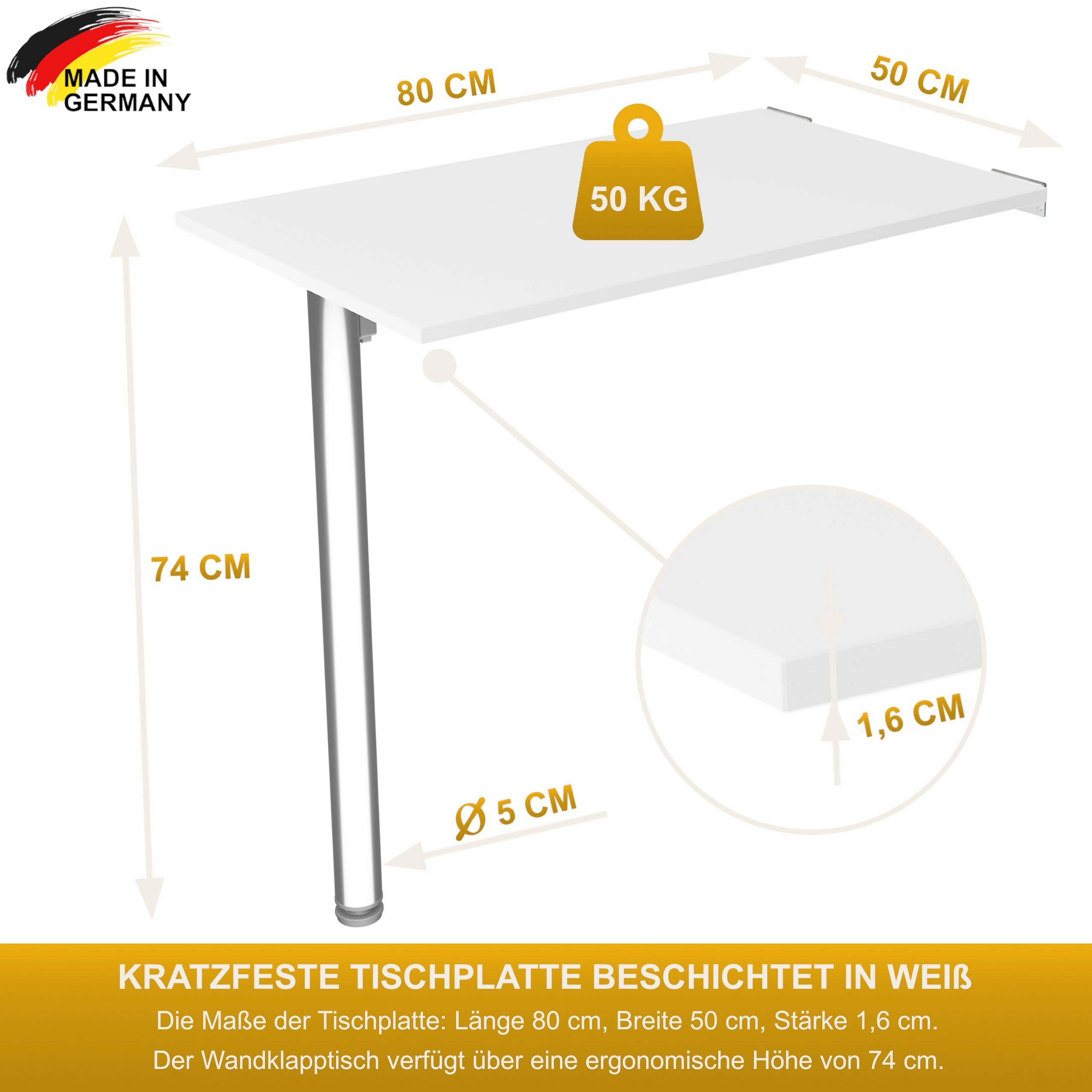 KDR Produktgestaltung Klapptisch 80x50 Wandklapptisch Esstisch Küchentisch Schreibtisch Wand Tisch, Weiß