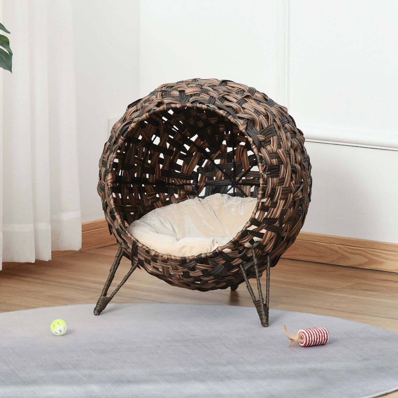 PawHut Katzenhaus aus Rattan mit Kissen Katzenschlafplatz Katzenhöhle mit erhöhten Füßen Braun Ø52 x 58 cm