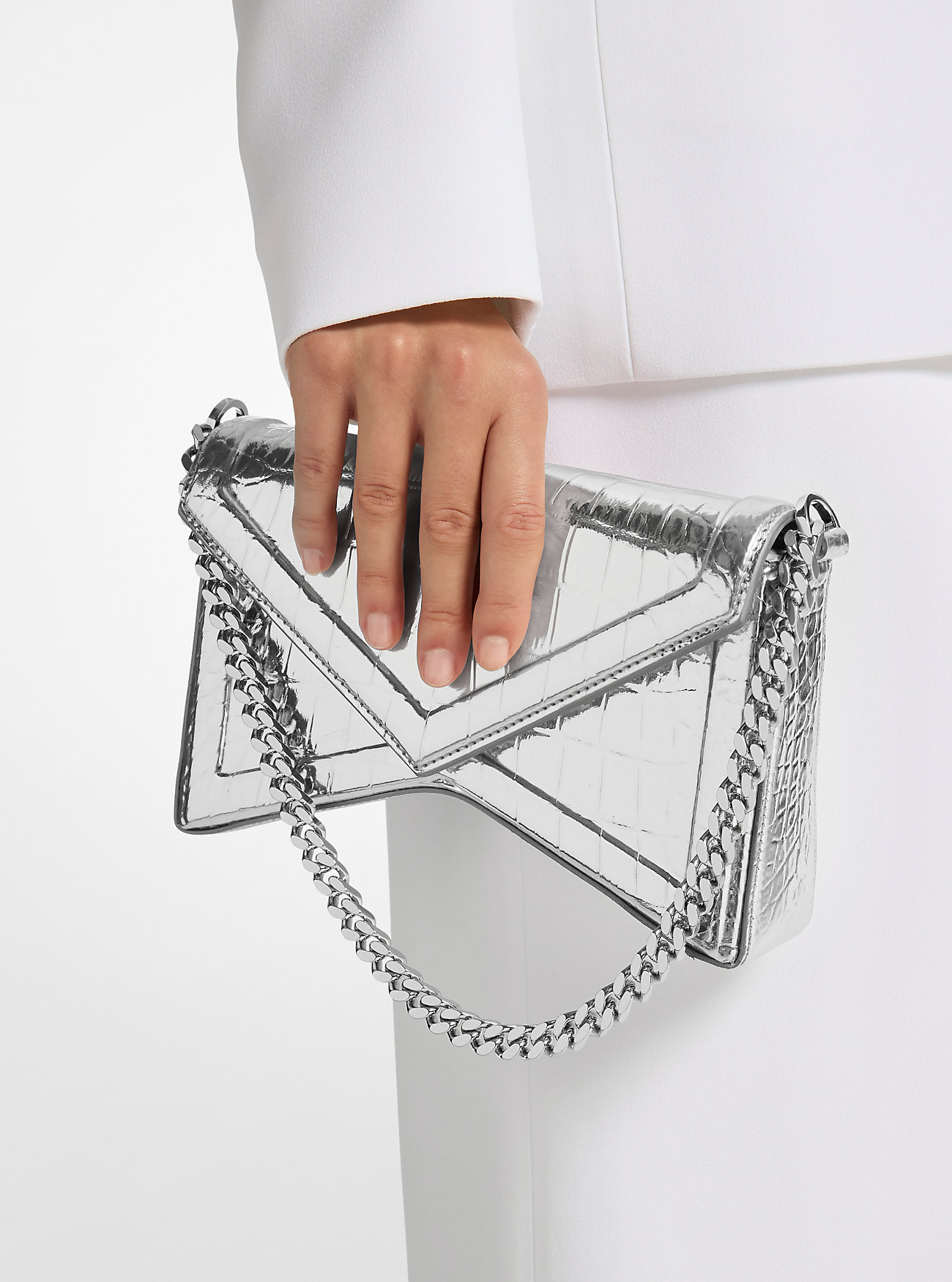 Manhatta Metallic Crocodile Embossed Leather Shoulder Bag - SILVER