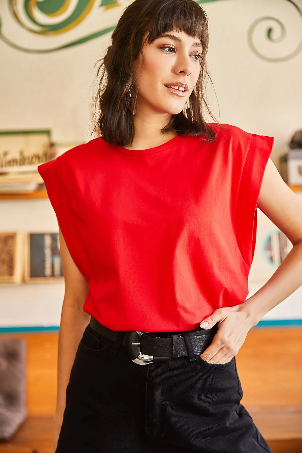 Olalook  Rotes Achselstück-Fledermaus-T-Shirt für Damen TSH-19000330