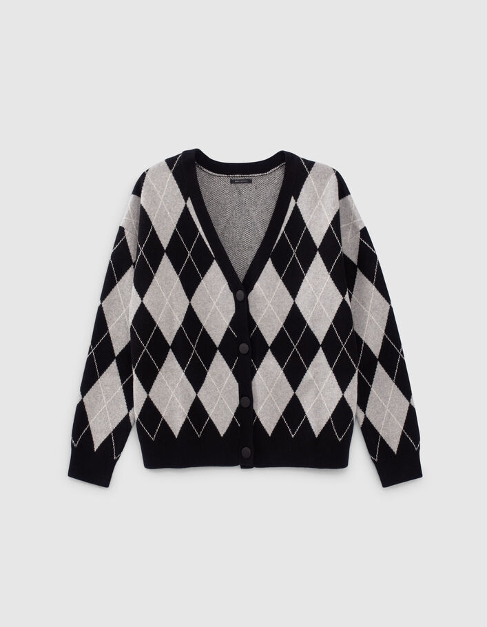 Cardigan gris et écru tricot motif Argyle Femme