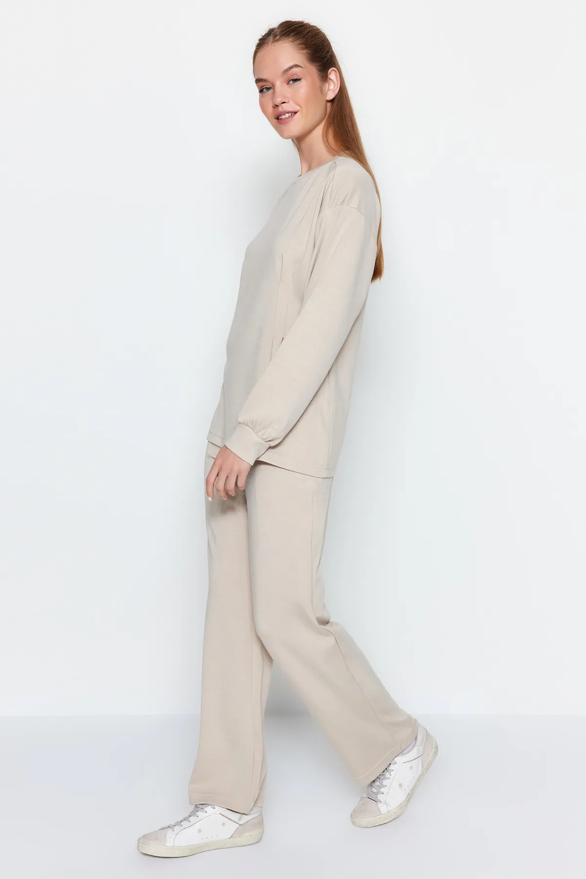 Trendyol Modest  Steinfarbenes Set aus Tunika und Hose aus Baumwolle, gestricktes Oberteil und Unterteil TCTAW24US00069
