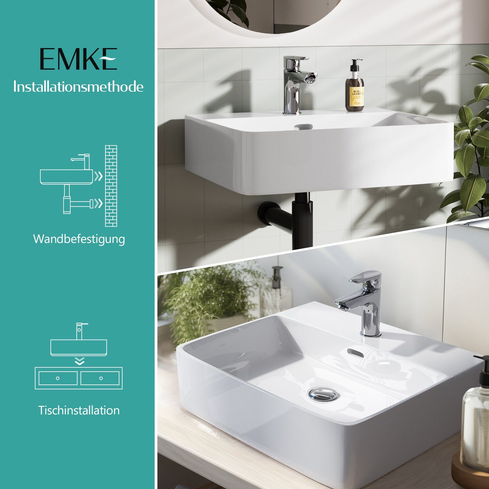 EMKE Aufsatzwaschbecken Kleines Waschbecken Handwaschbecken für Badezimmer, Rechteckig Waschplatz Aufsatzbecken&Hängewaschbecken Waschschüssel