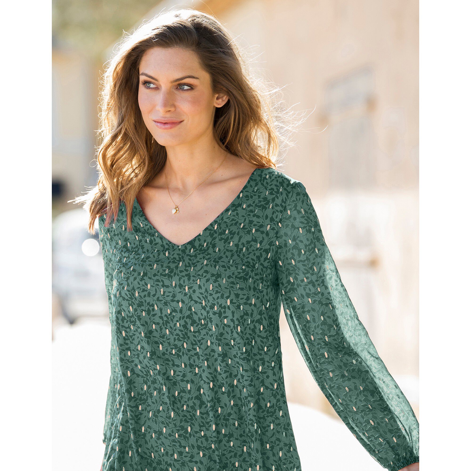 Robe évasée voile imprimé doré