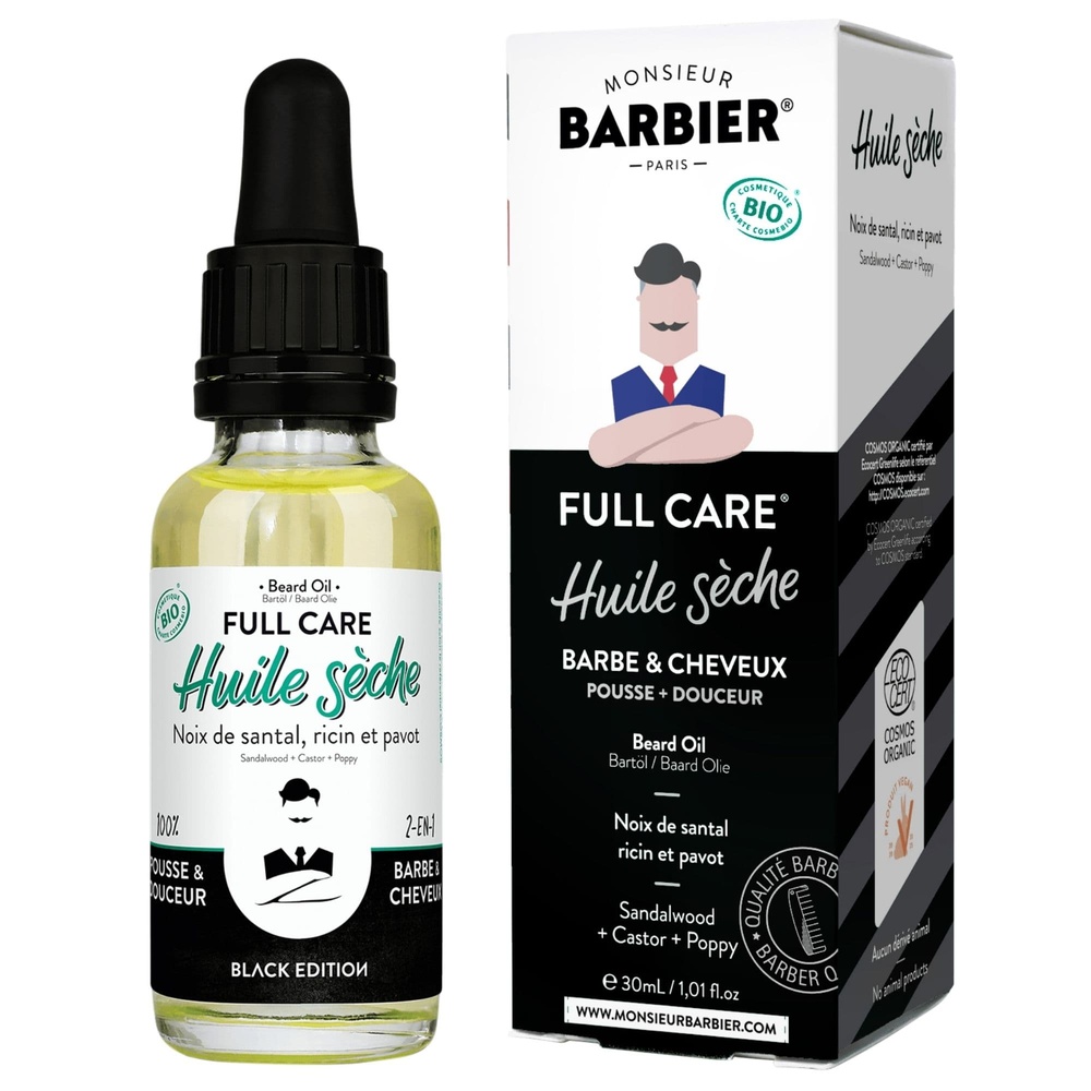 Monsieur Barbier Huile Barbe Bio, 100% Naturelle et Vegan - Full Care / Black Edition Huile Sèche Bio de Soin 2-en-1 Barbe & Cheveux pour Hommes / Parfum Tonka