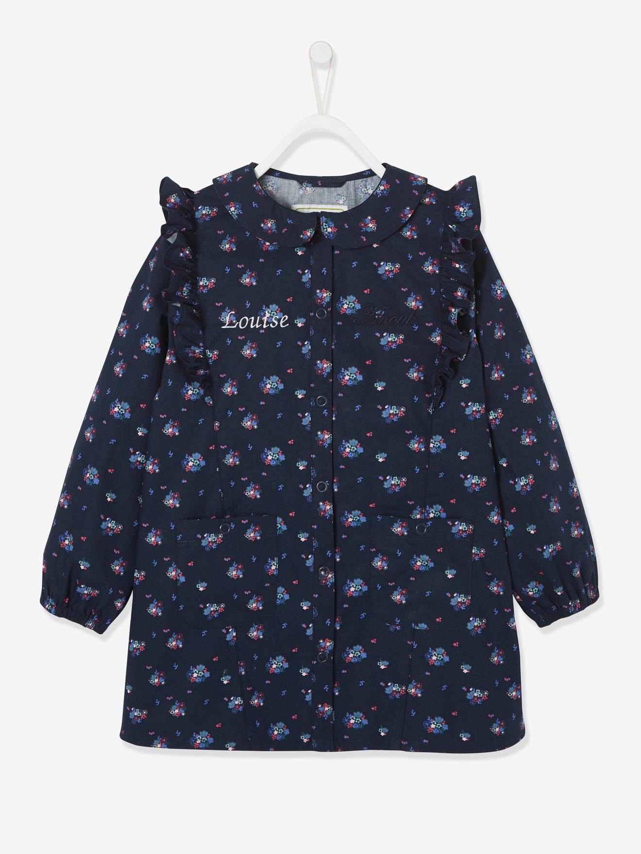 Tablier à fleurs volanté personnalisable fille bleu vif imprime