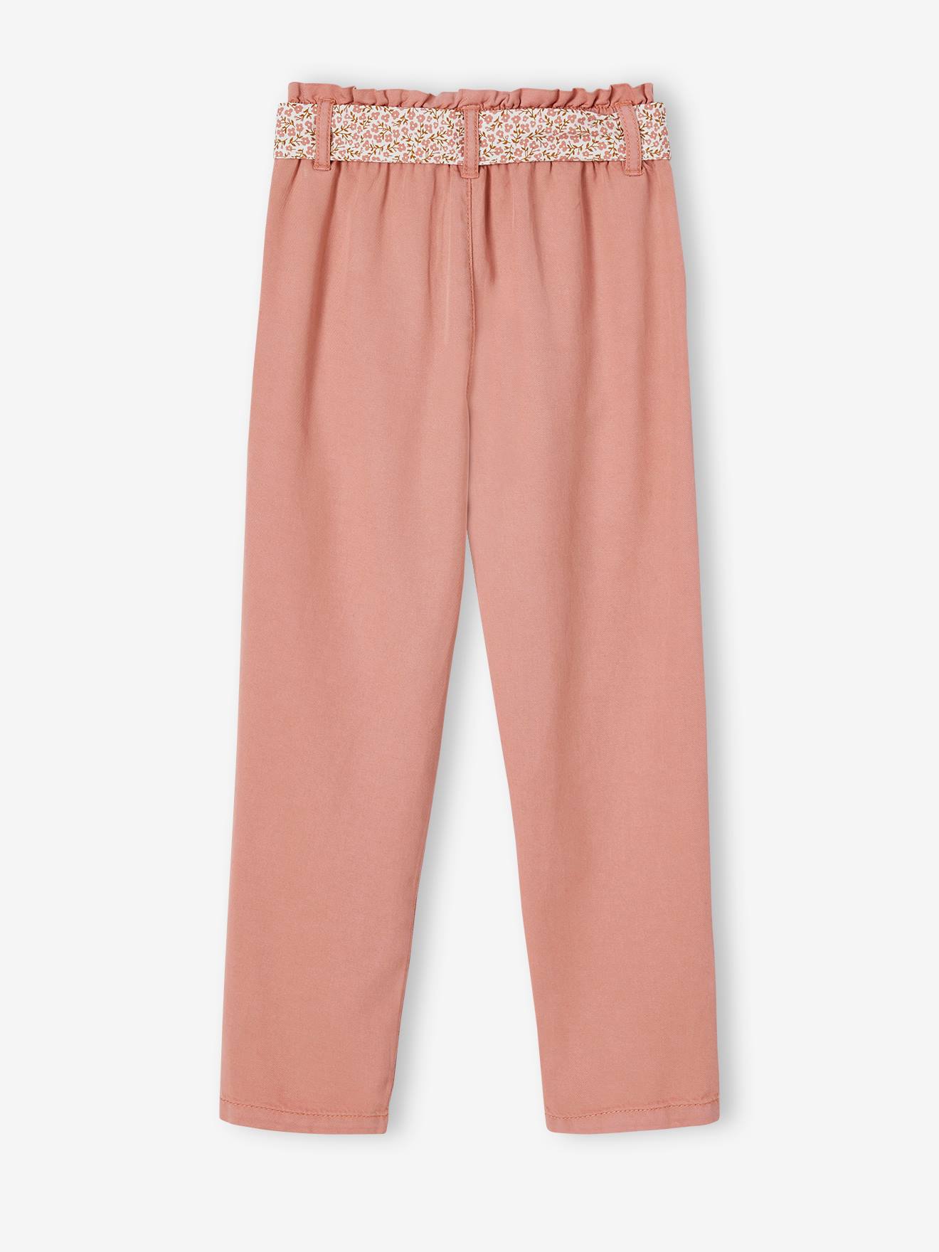 Pantalon paperbag fille avec ceinture foulard imprimée blush