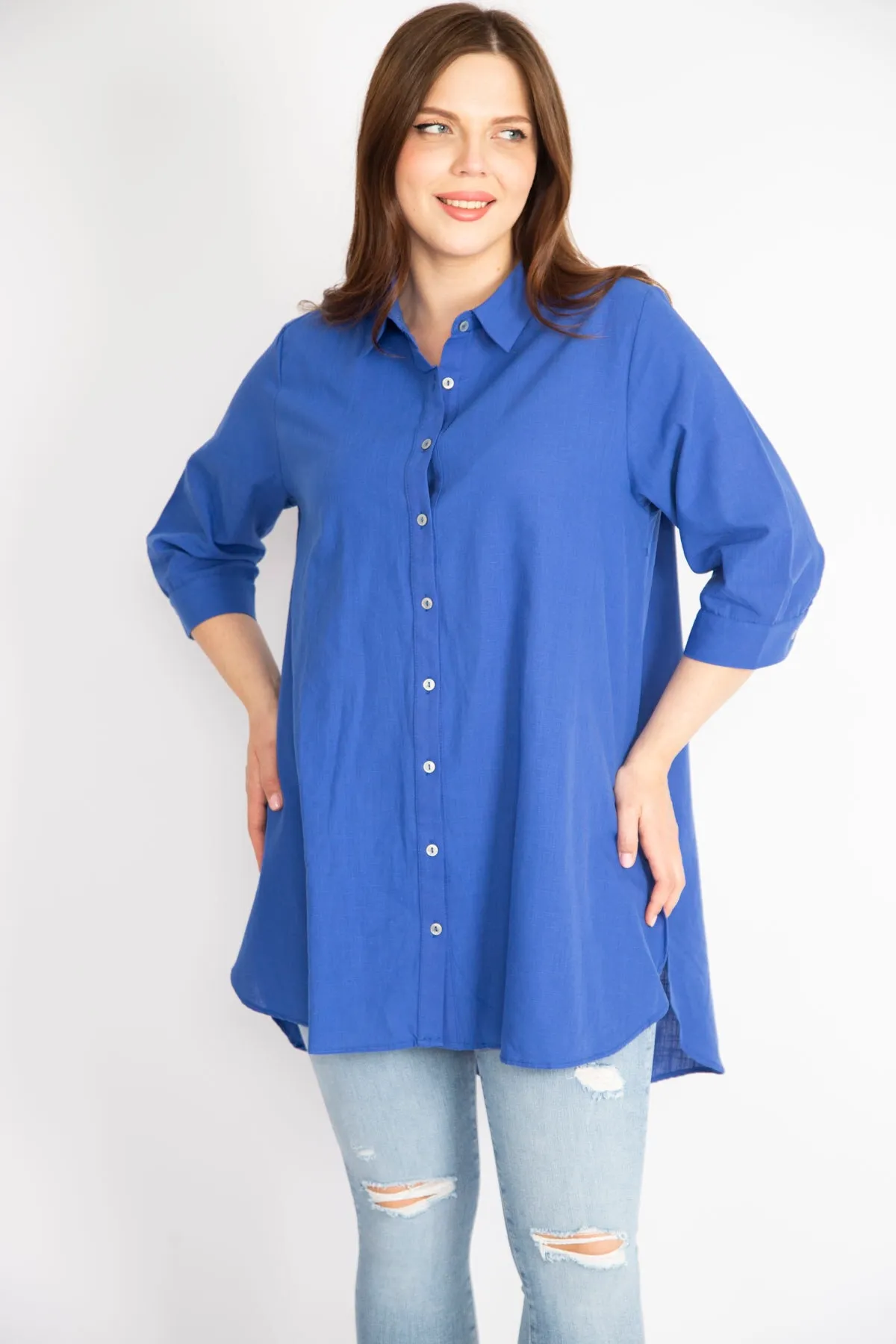 Şans  Damen-Hemd von Saks, groß, aus gewebtem Stoff, vorne geknöpft, mit Capri-Ärmeln und Bündchen, 65n36343
