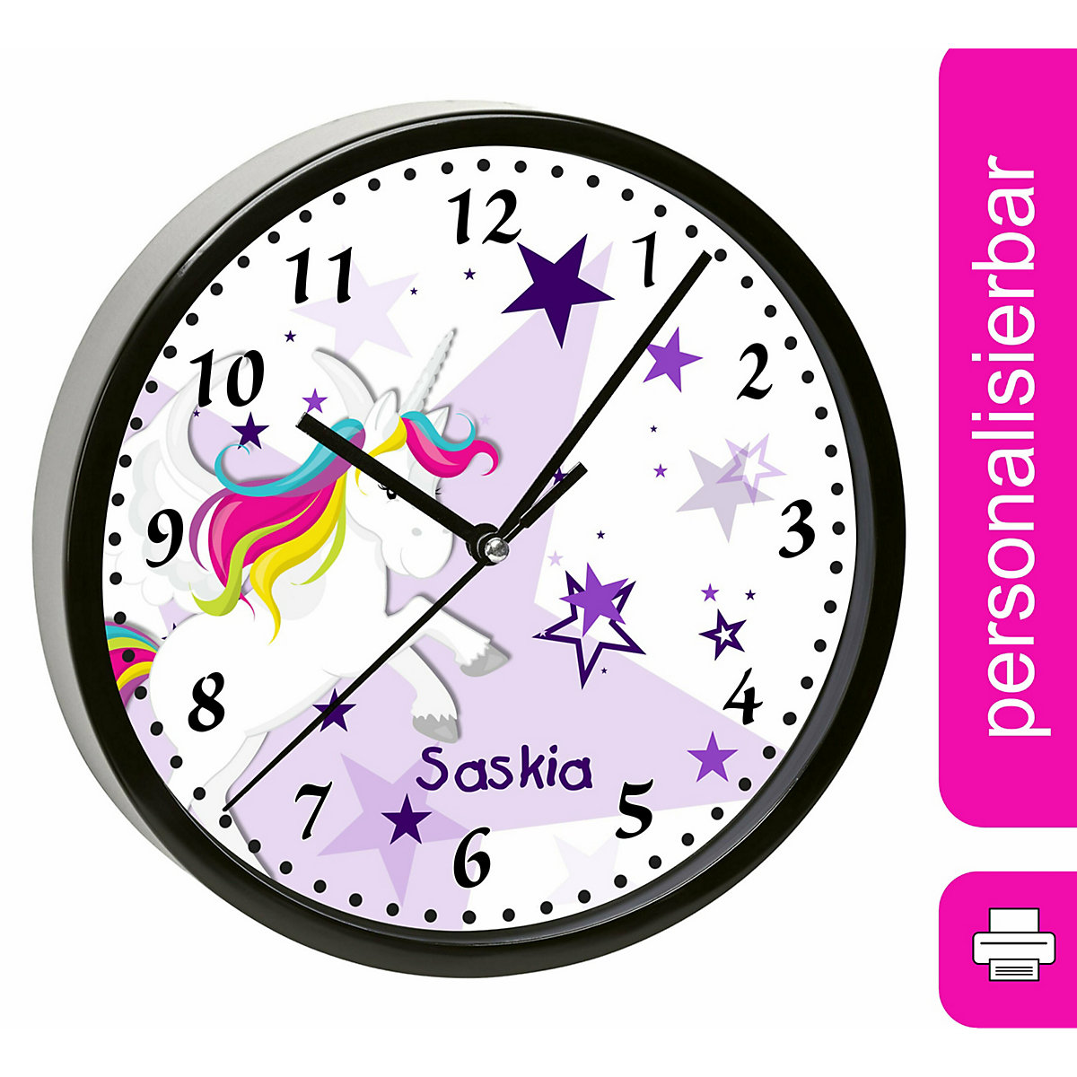 Kinder Wanduhr personalisiert mit Name Pegasus Sterne Lila