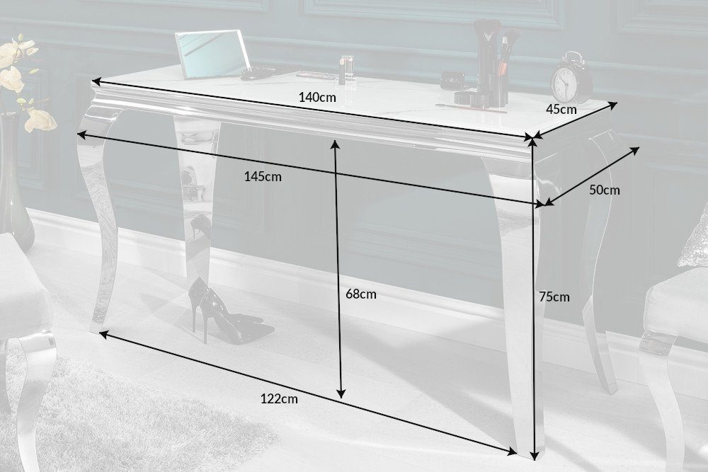 riess-ambiente Konsolentisch MODERN BAROCK 145cm grau / weiß, Glastisch · Marmor-Optik · Edelstahl-Beine