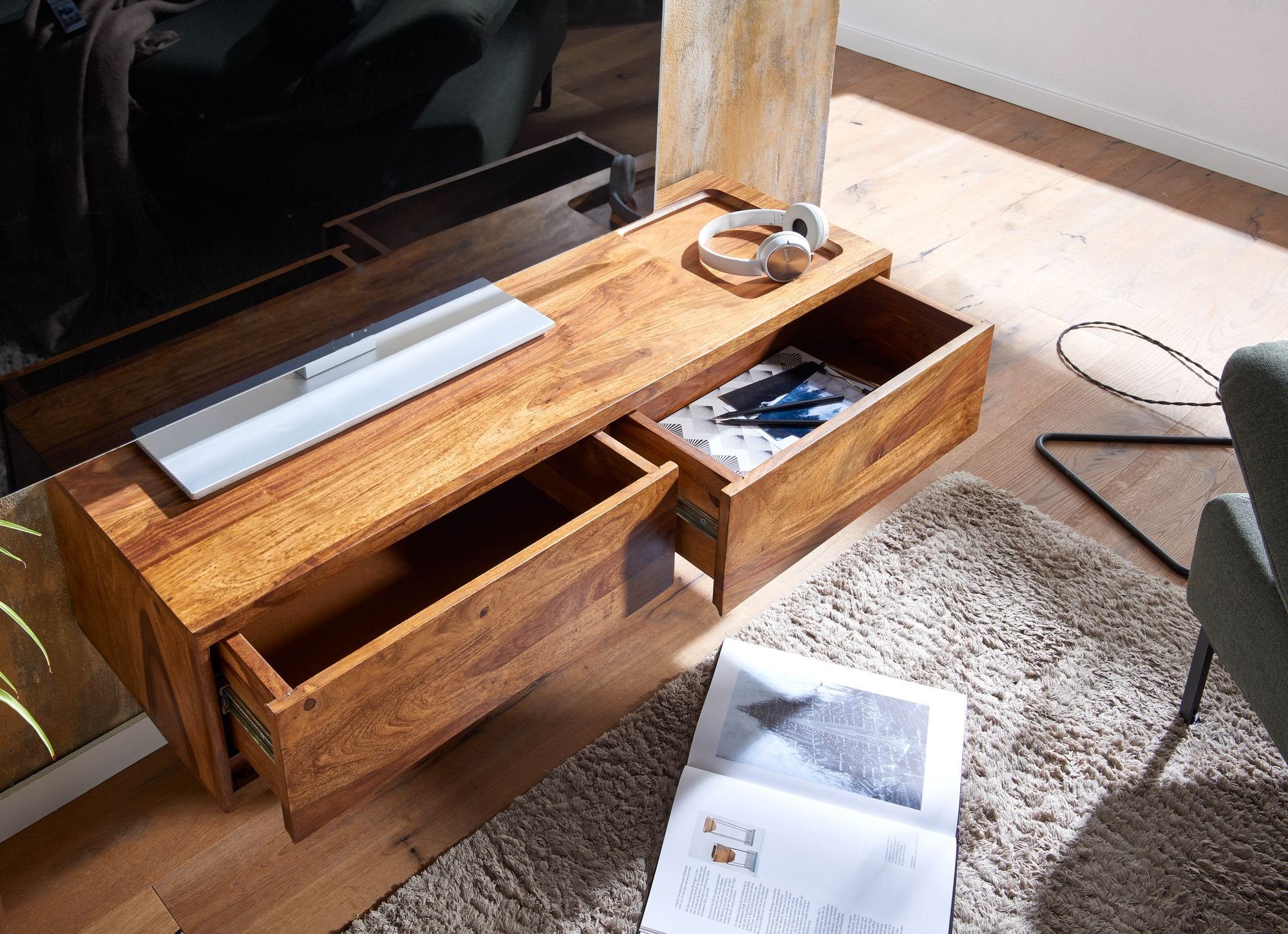 FINEBUY Lowboard FB79721 (Lowboard Hängend Sheesham Massivholz 108x25x34 cm), TV-Schrank mit Stauraum, Fernsehkommode Modern