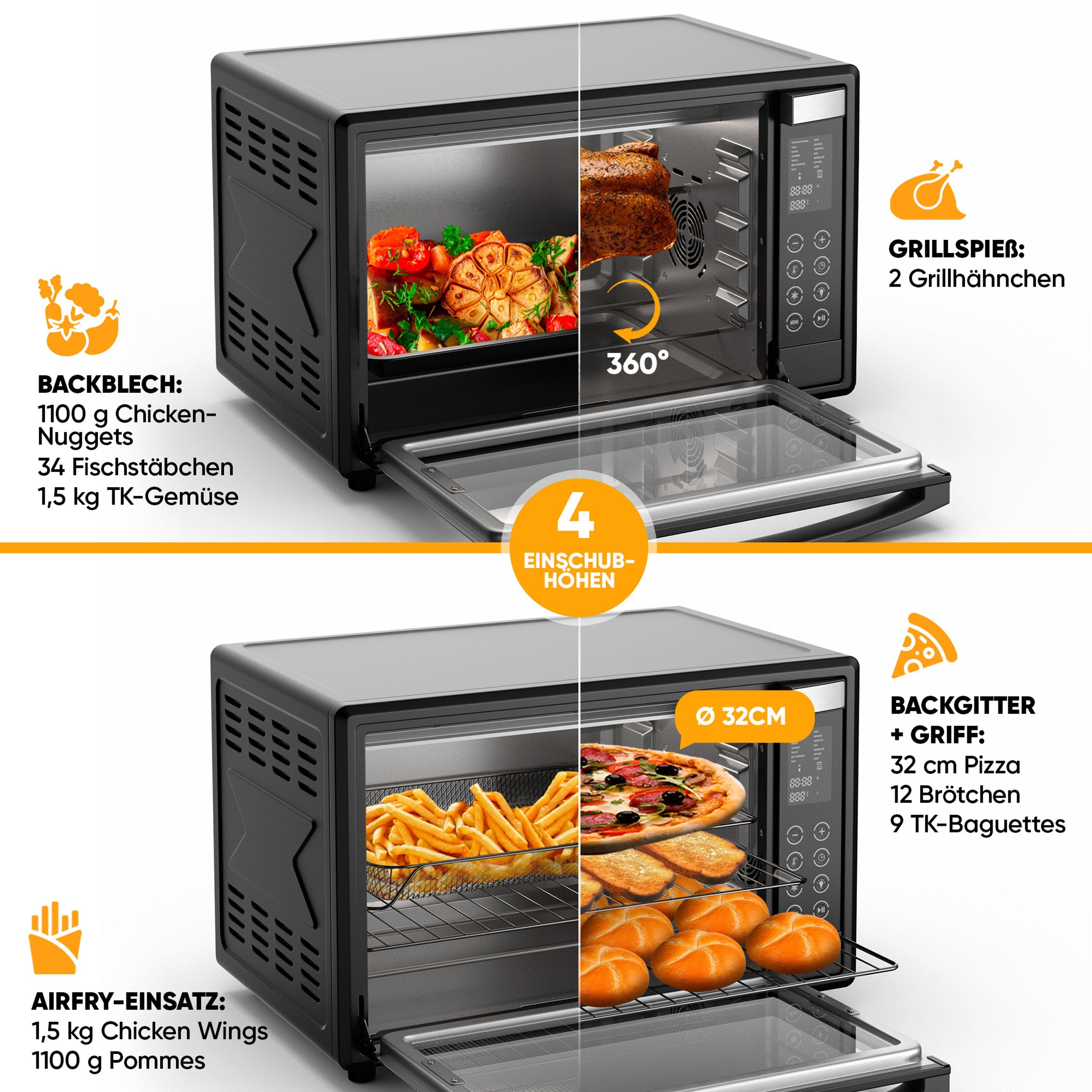 Stillstern Minibackofen MB45-LED 2G (45L) Deutsche Version, Ofenhandschuhe, Rezeptheft, Drehspieß, Timer, Innenbeleuchtung