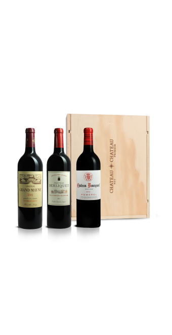 Bordeaux Coffret - Grands Vins rive droite (3 bt) Château Bourgneuf 2014, Pomerol - Château Berliquet 2015, Saint-Emilion grand cru classé - Château Grand Mayne 2016, Saint-Emilion grand cru classé