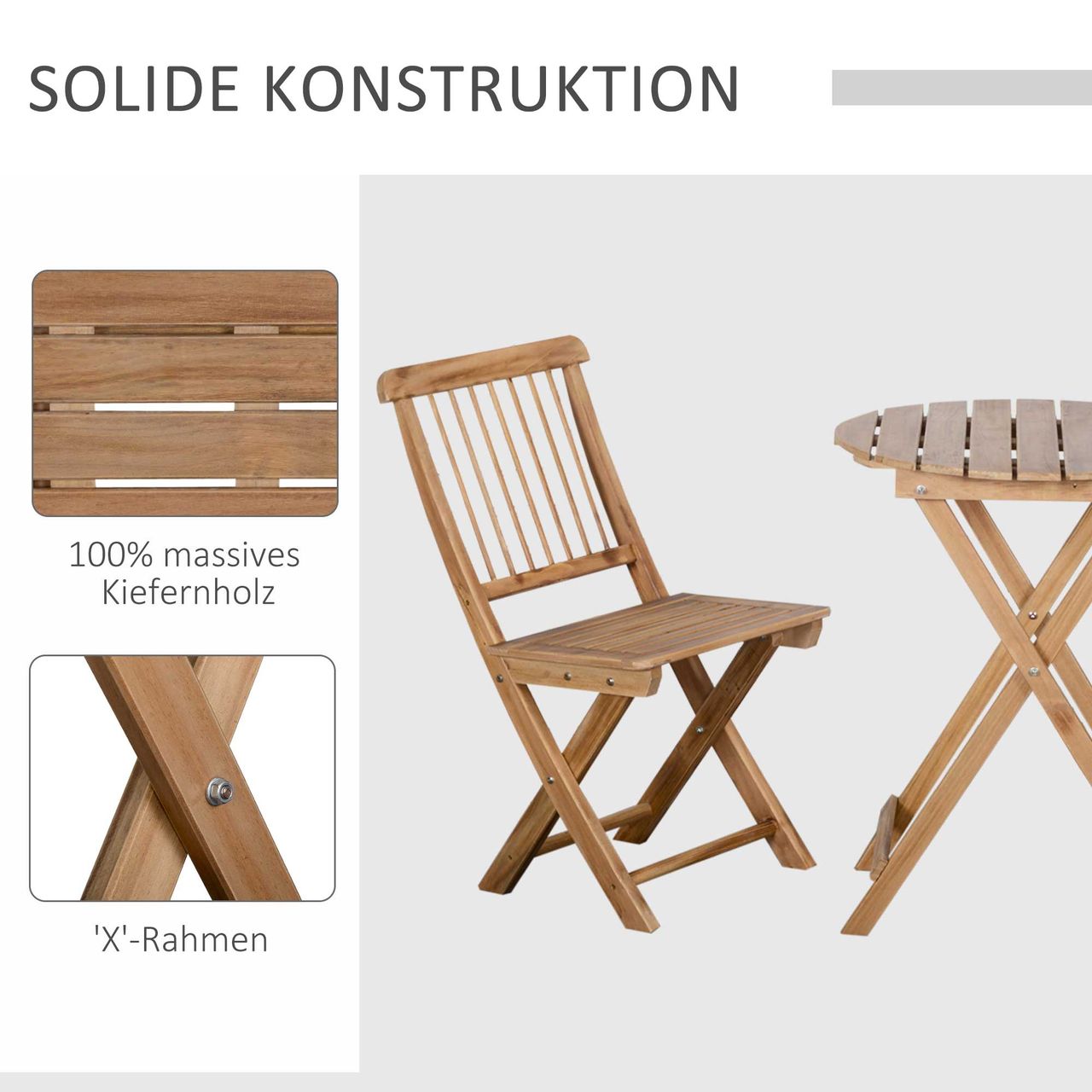 Outsunny Bistroset 3-tlg. Klappbar Holz Gartenset Balkonset Bistrotisch mit 2 Stühlen Gartenmöbel Natur