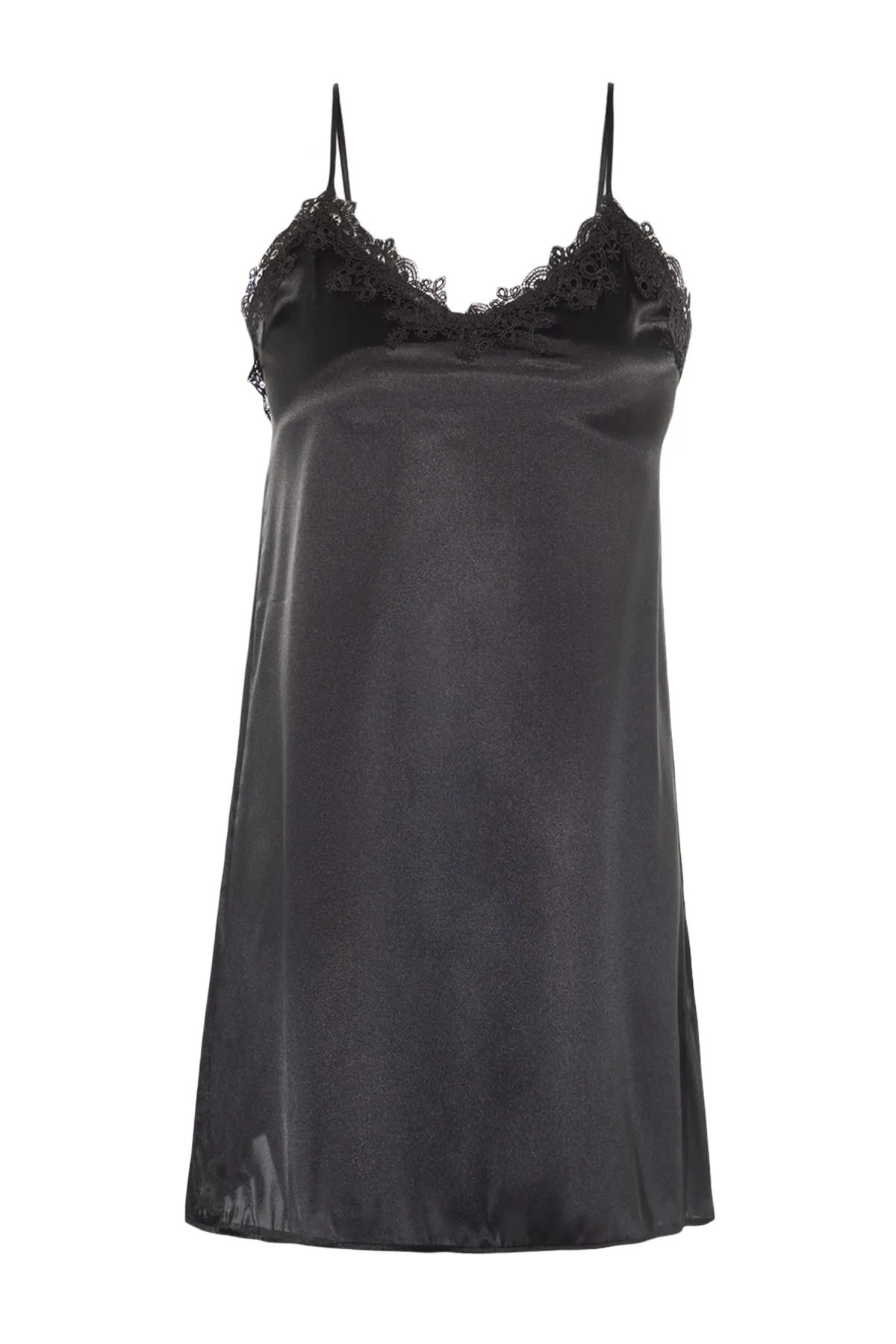 Trendyol Collection  Schwarzes Nachthemd aus gewebtem Satin mit gerüschten Seilträgern THMSS21GC0006