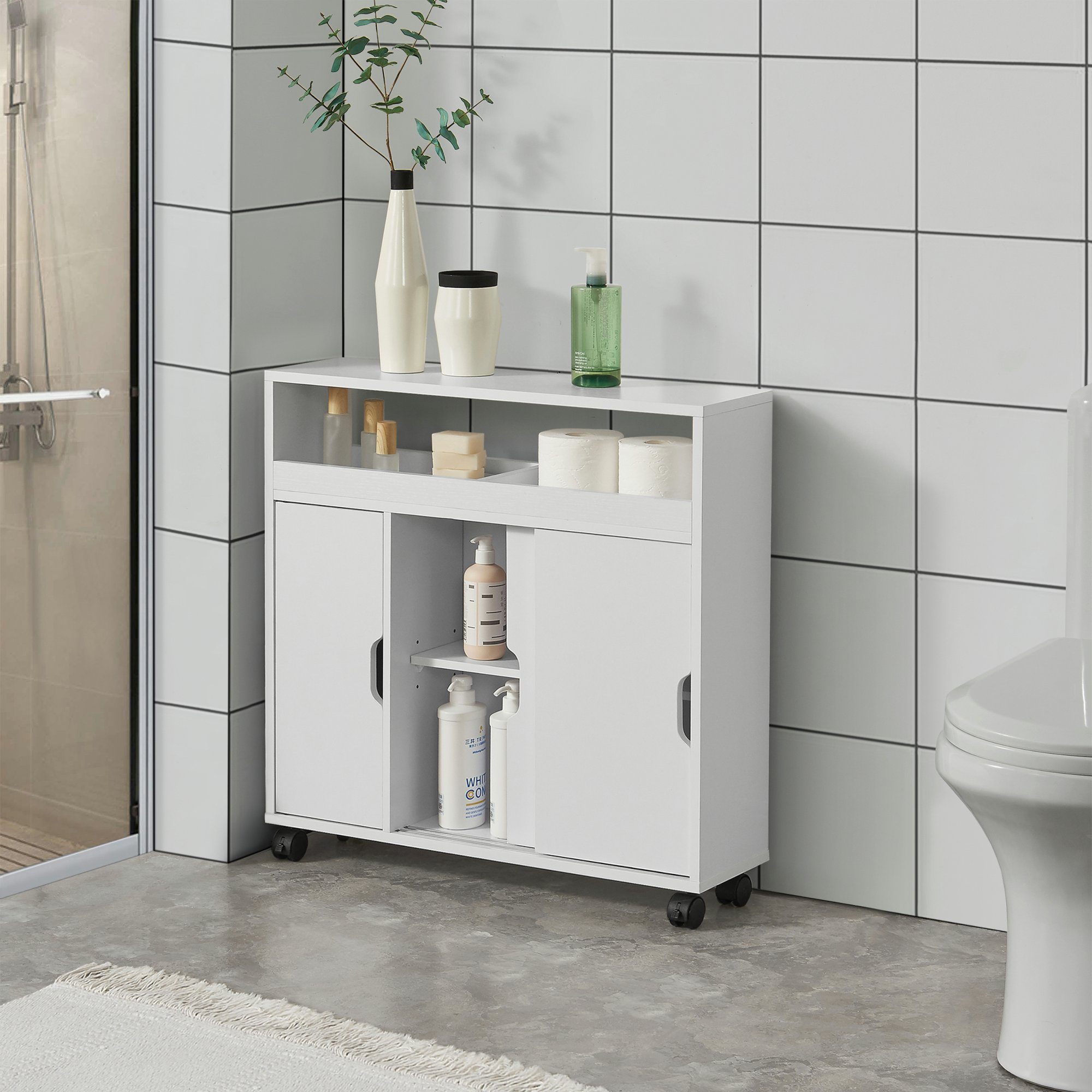 en.casa Badkommode, Lumijoki Badezimmerschrank Mehrzweckschrank mit Rollen Weiß
