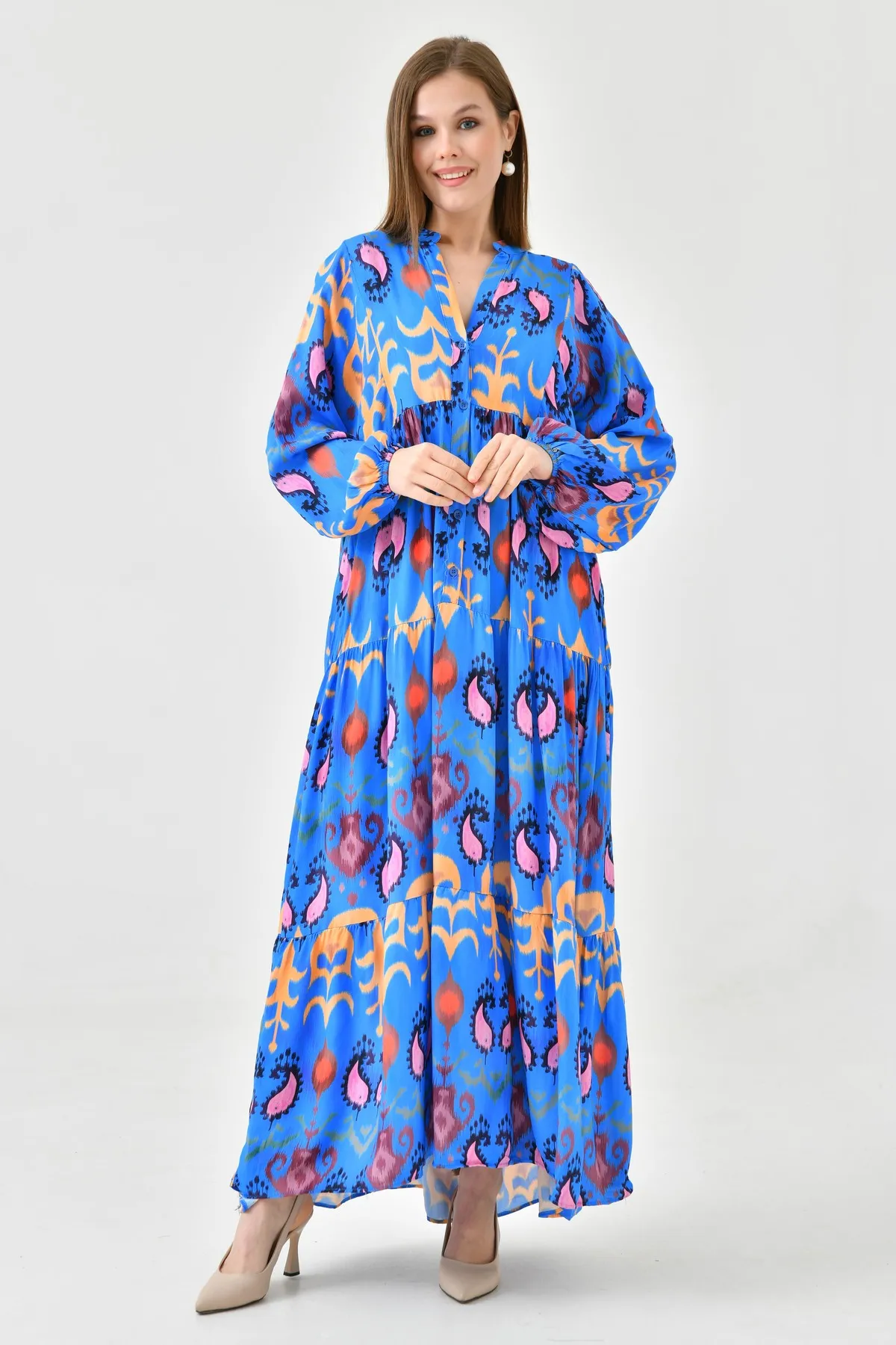 lovebox  Ethnisch gemustertes, geknöpftes, vorherrschender Kragen, Ballonärmel, Midi-Länge, weit ausgestellter Schnitt, blaues Sommerkleid 036