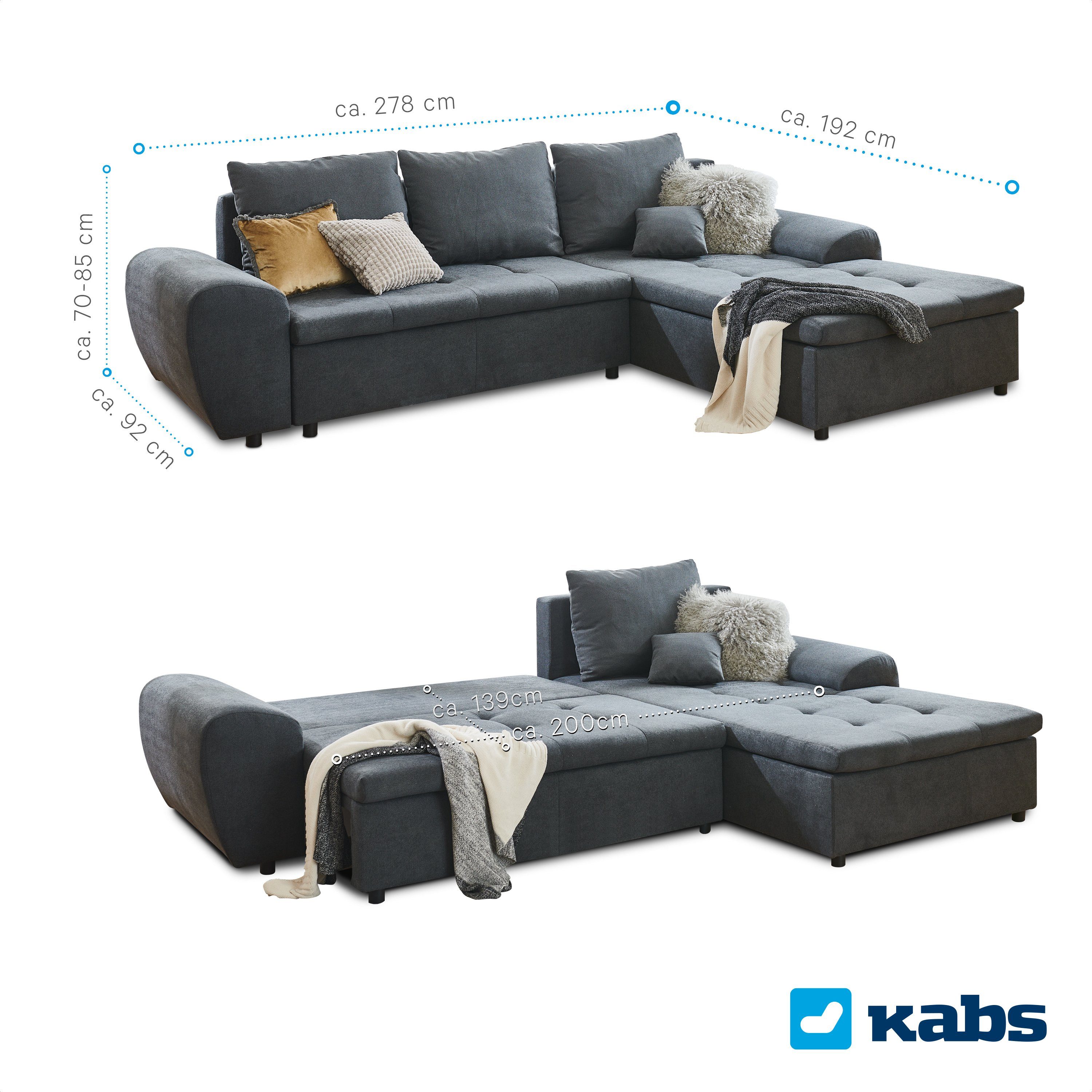 Kabs Polsterwelt Ecksofa Isa, Bettkasten, Schlaffunktion, Stauraum, Zierkissen, Made in Europe