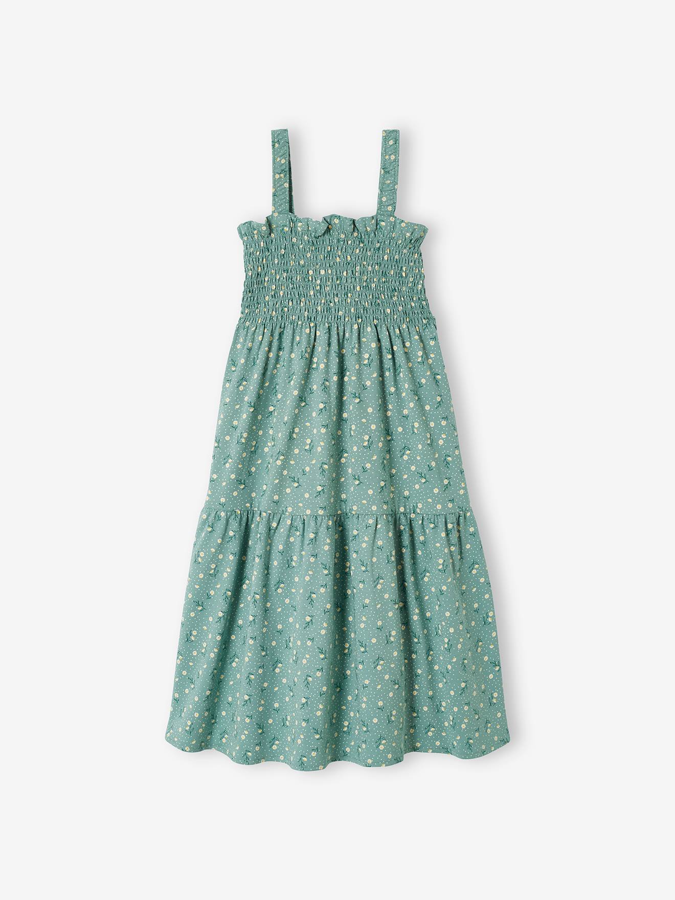Robe smockée à bretelles motifs fleurs fille vert émeraude