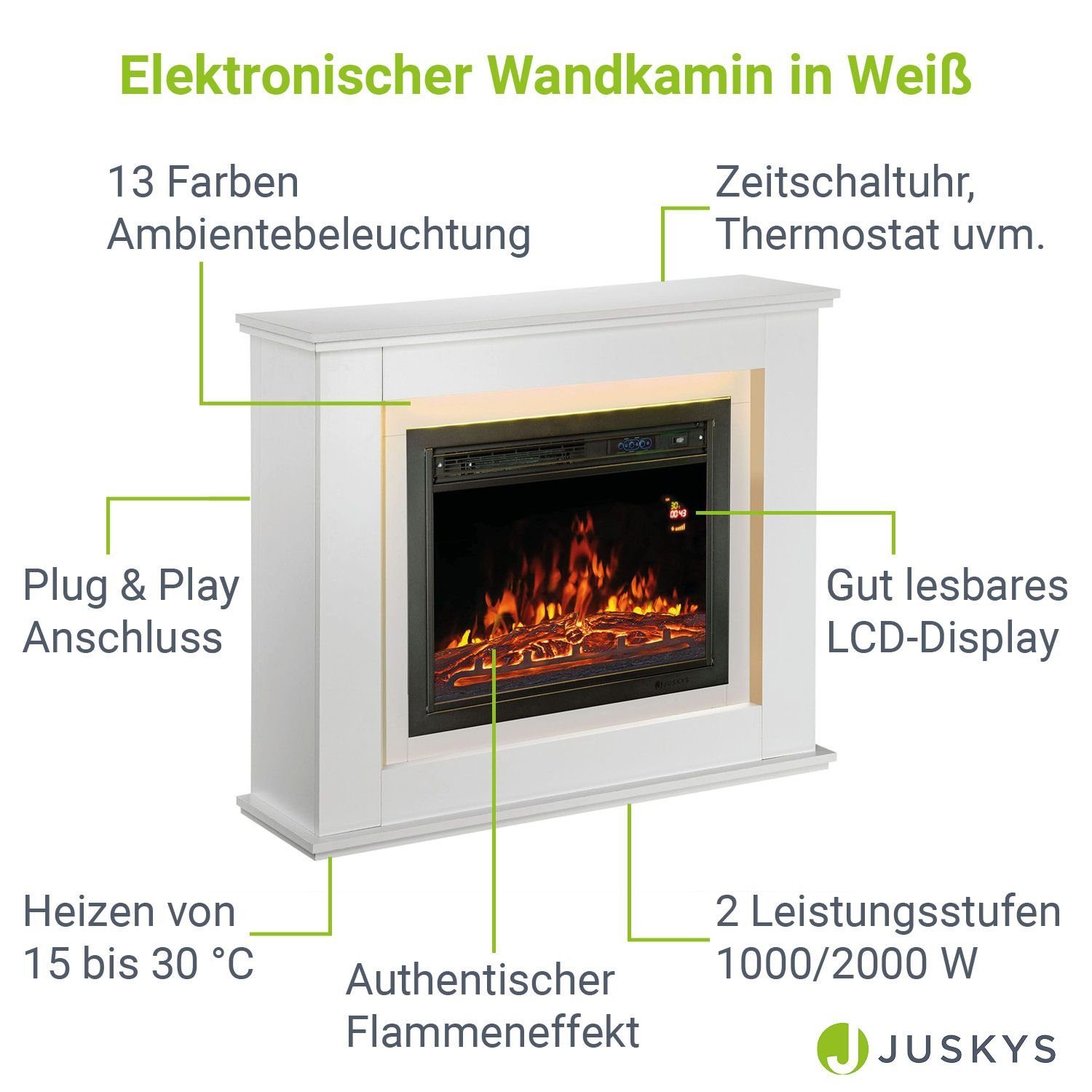 Juskys Elektrokamin, 2000 W Heizung, Flammeneffekt, Fernbedienung, LED-Licht, Timer