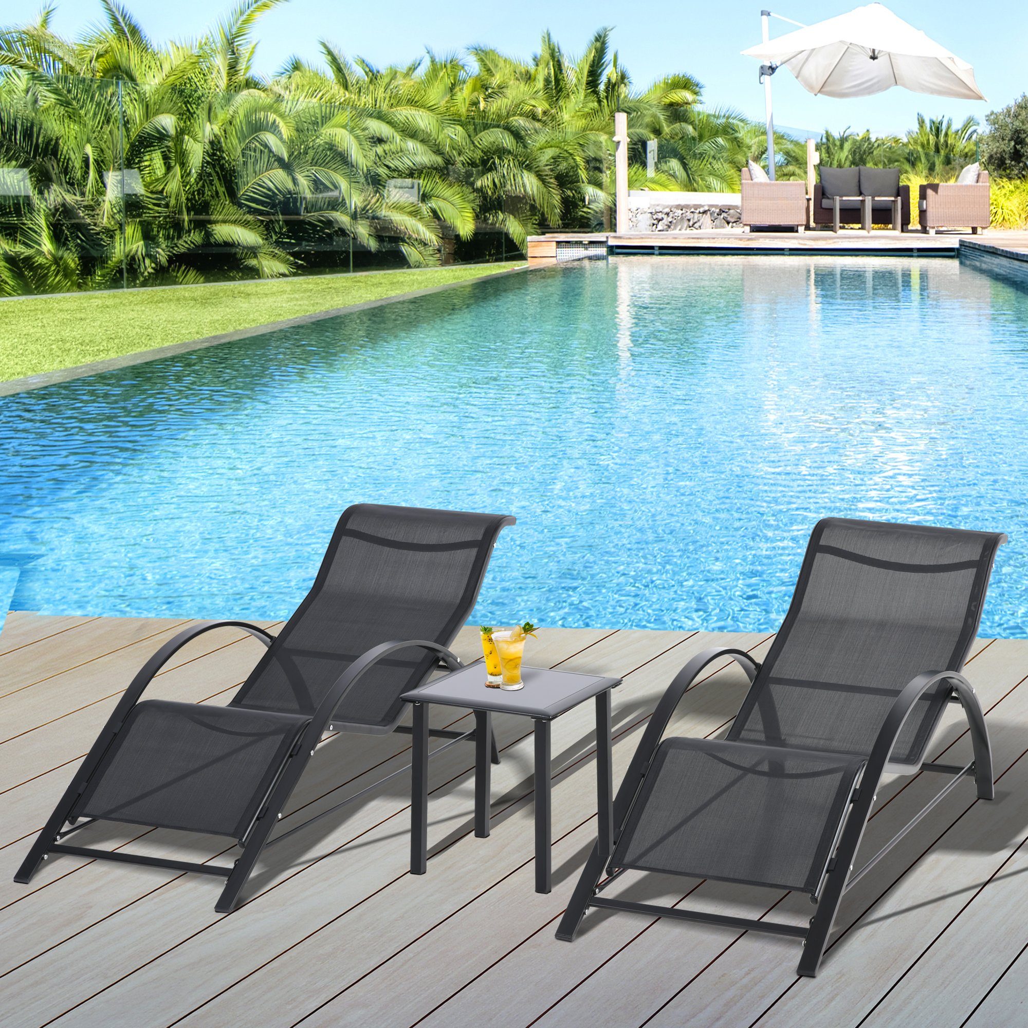 Outsunny Gartenliege Sonnenliege-Set mit Tisch, 2 Liegestühlen, Campingliege, 3 St., Relaxliege, für Balkon, Terrasse, Schwarz