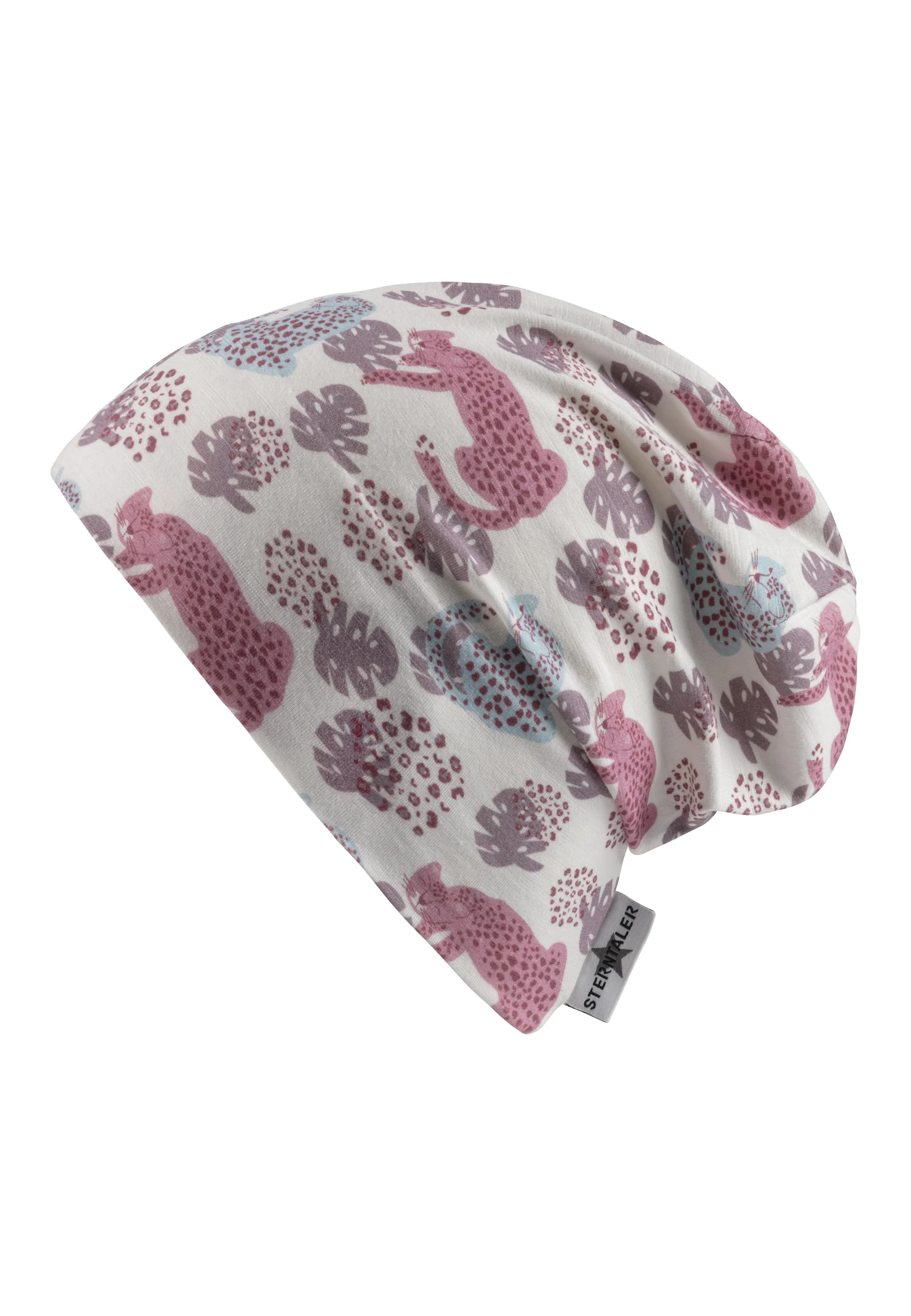 Beanie bedruckt mit Leoparden und Blättern in ecru